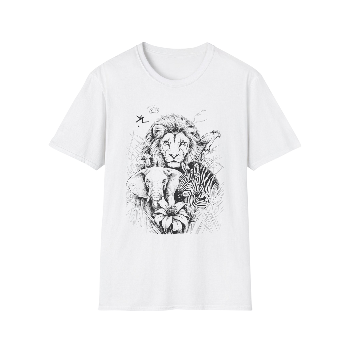 A white short-sleeve crewneck t-shirt featuring a detailed black line art graphic of a lion, elephant, zebra, and bird on the front, displayed against a solid white background.