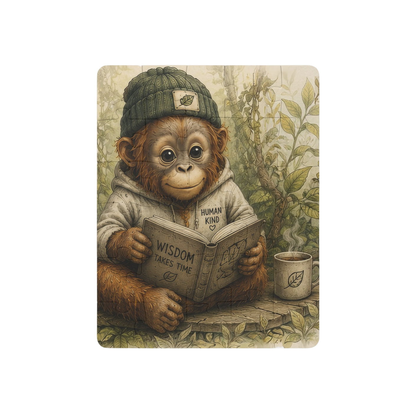 A rectangular art print or card featuring a teddy bear illustration sitting on a log and reading a book, with a mug beside it. The bear wears a green knit hat and a light gray hoodie.