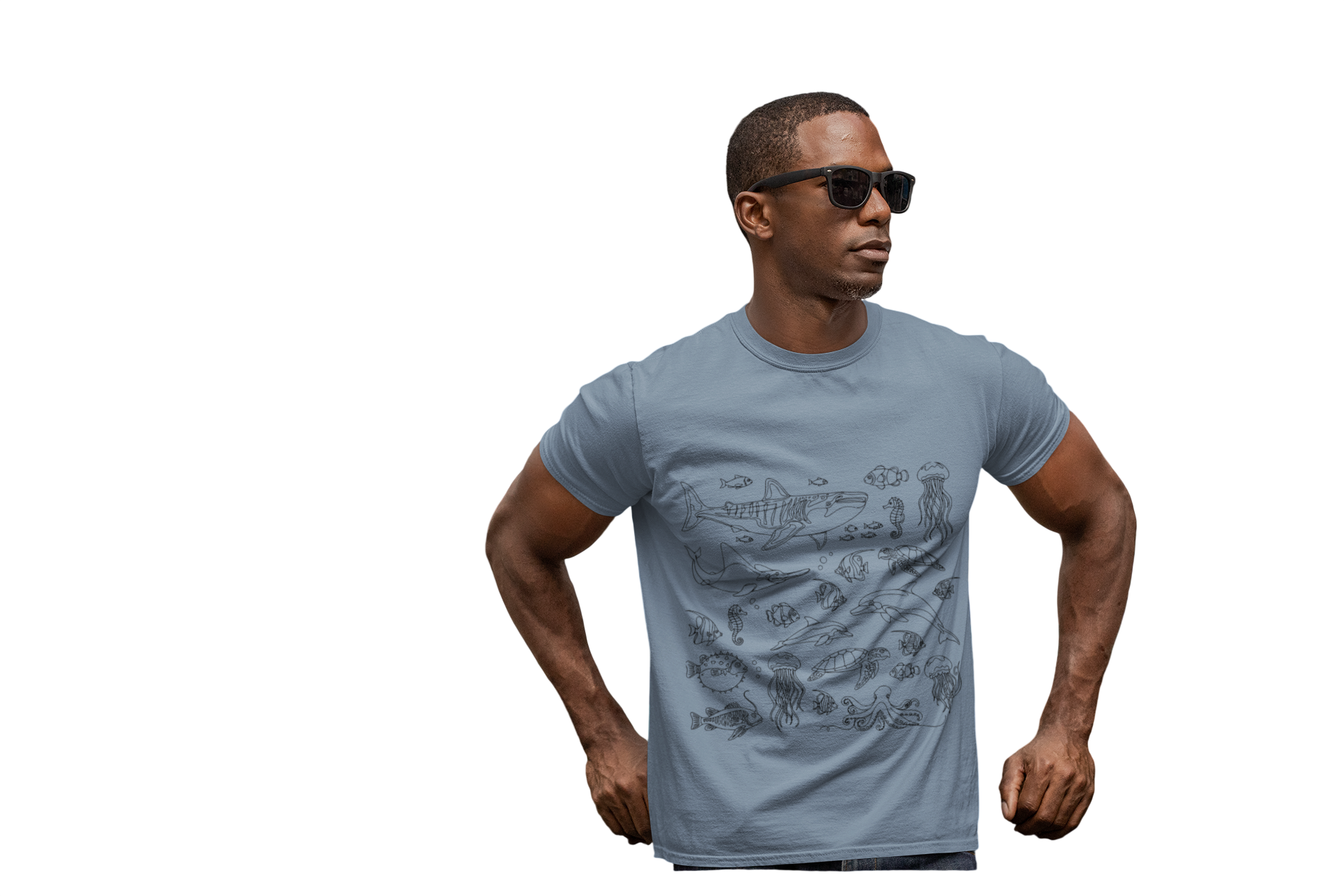 Ocean Life Illustration T-Shirt — Marine Creatures Line Art Tee