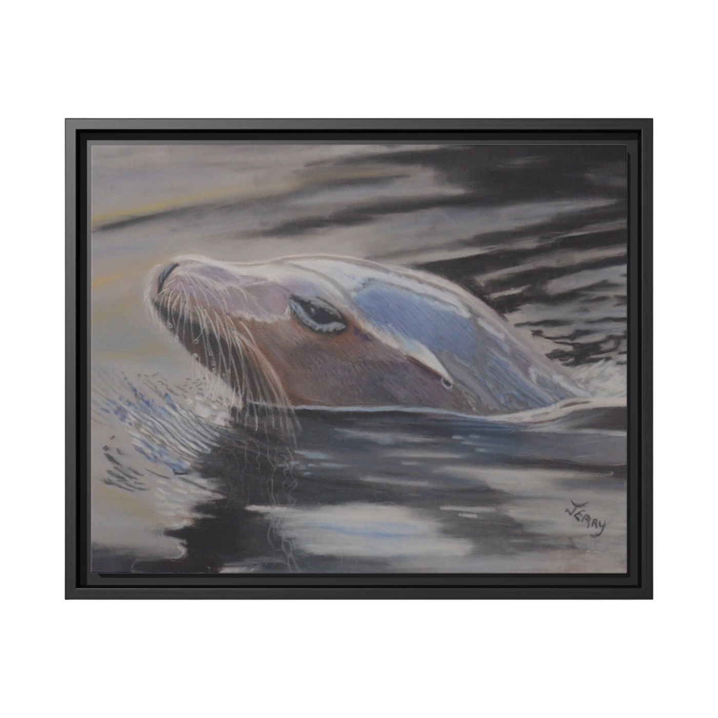A framed painting of a sea lion surfacing in water, shown against a plain white background. The artwork features a dark frame and a signature in the lower right corner.