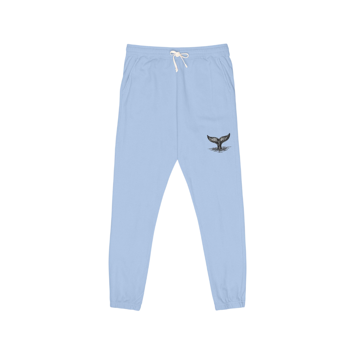 Light blue sweatpants with a white drawstring and a small black whale tail graphic on the left thigh, shown against a plain white background.
