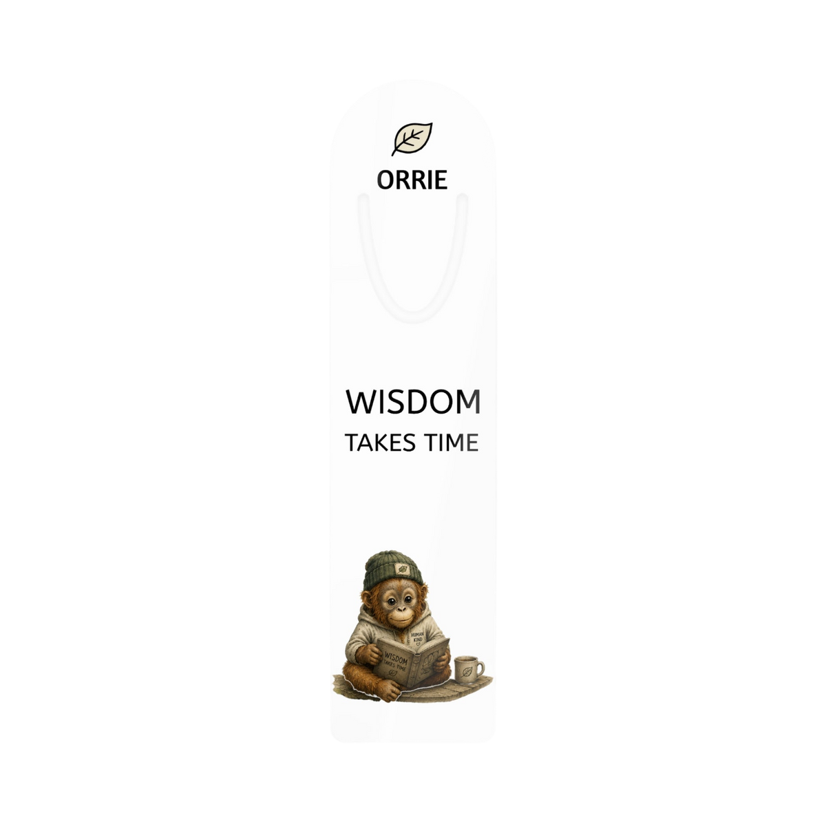 A white rectangular product card or packaging insert featuring the brand name ORRIE at the top with a small leaf icon, the phrase 'WISDOM TAKES TIME' in black text, and an illustration of a monkey reading at the bottom.