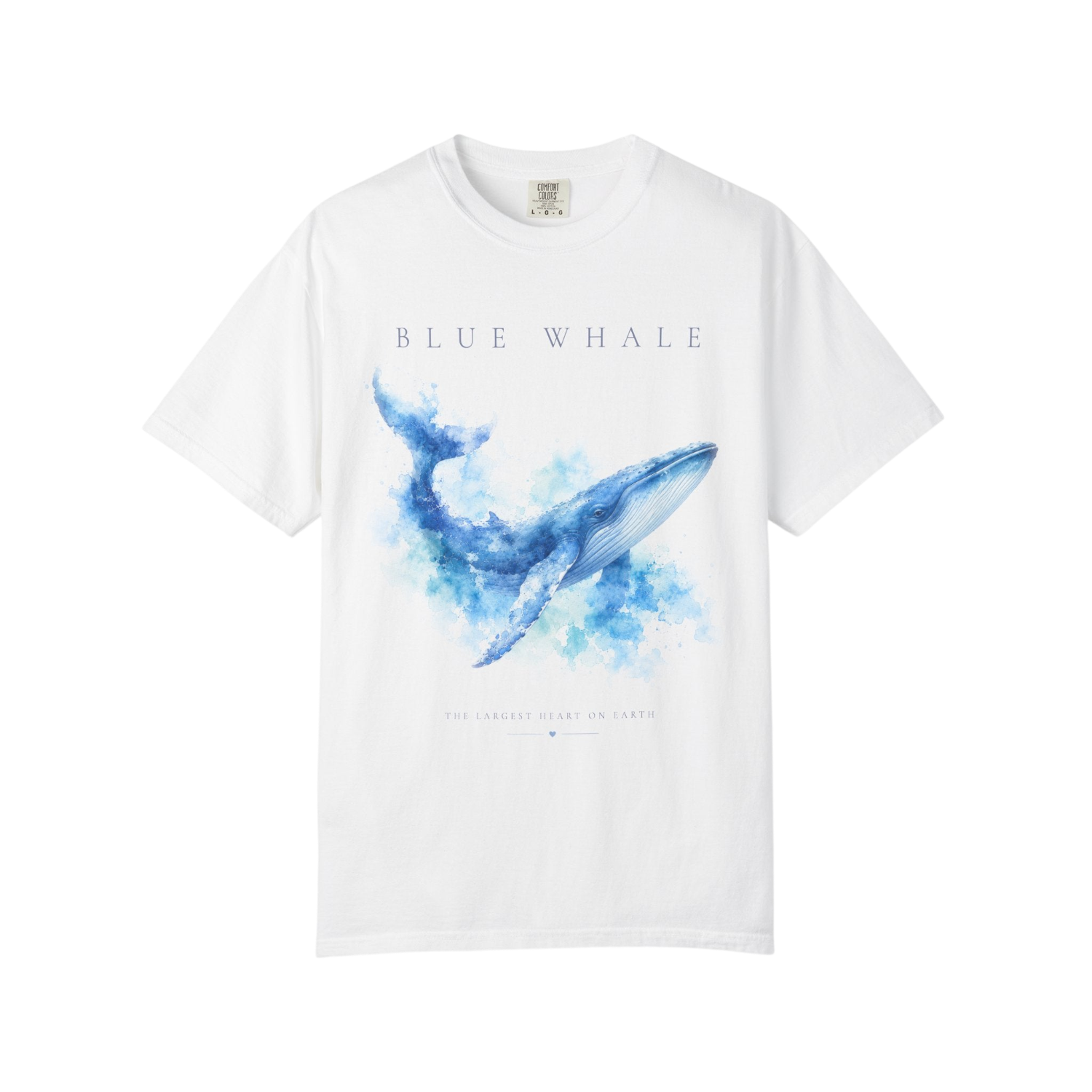 A white short-sleeve crewneck t-shirt featuring a blue watercolor whale graphic on the front, with the text 'BLUE WHALE' printed above the illustration.