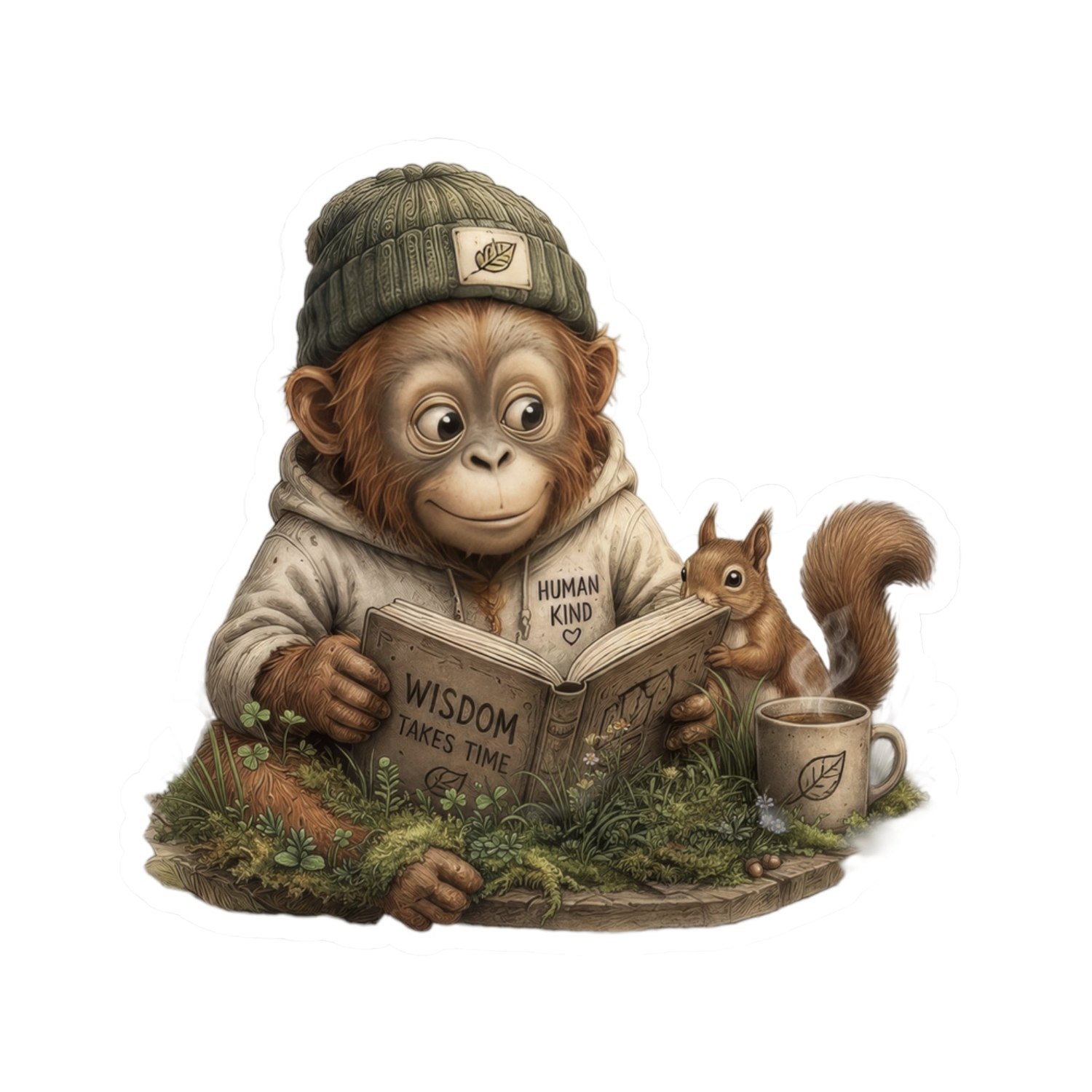 A whimsical figurine of a baby orangutan wearing a green beanie and white hoodie, reading a book with a small squirrel and a mug on a mossy base, isolated on a white background.