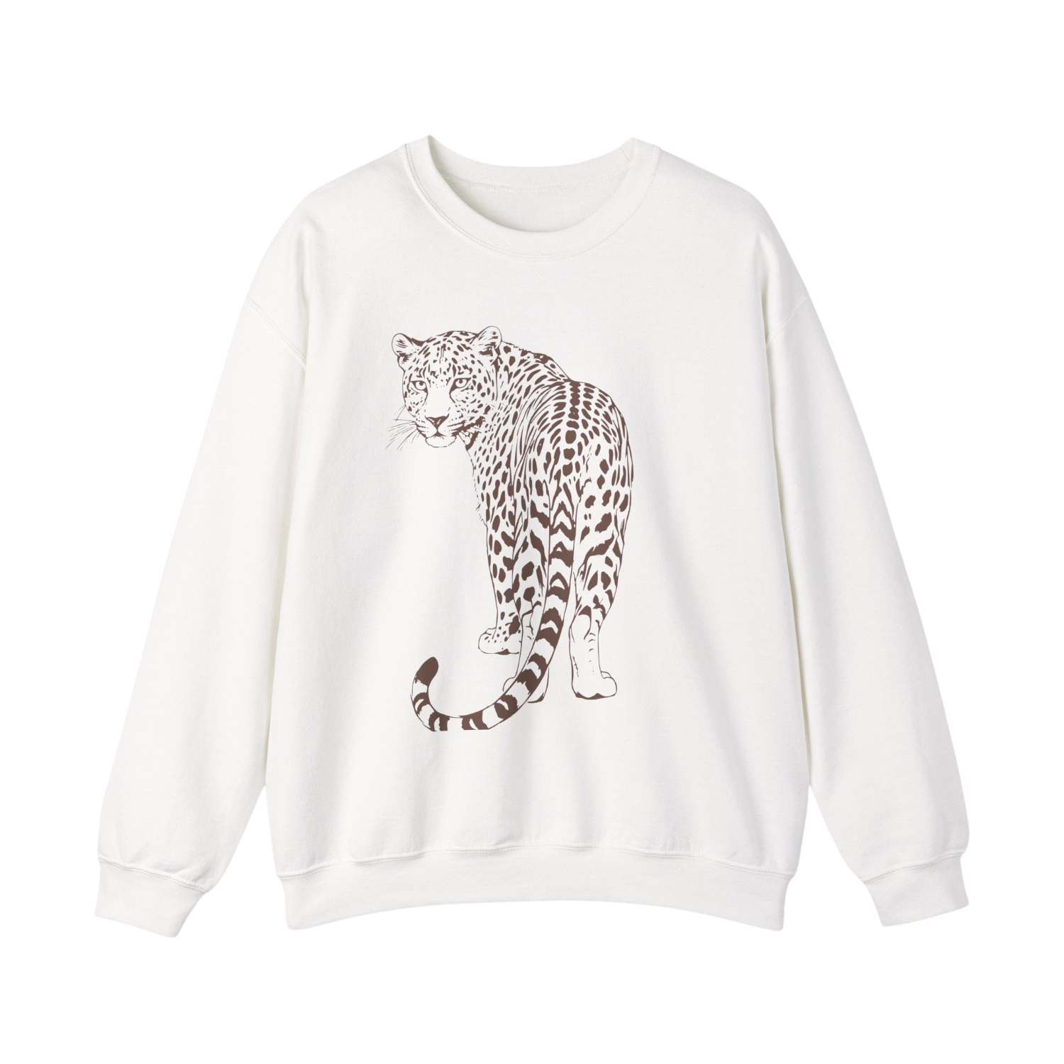 An off-white crewneck sweatshirt featuring a detailed line-art graphic of a spotted big cat, likely a leopard or snow leopard, printed on the front.