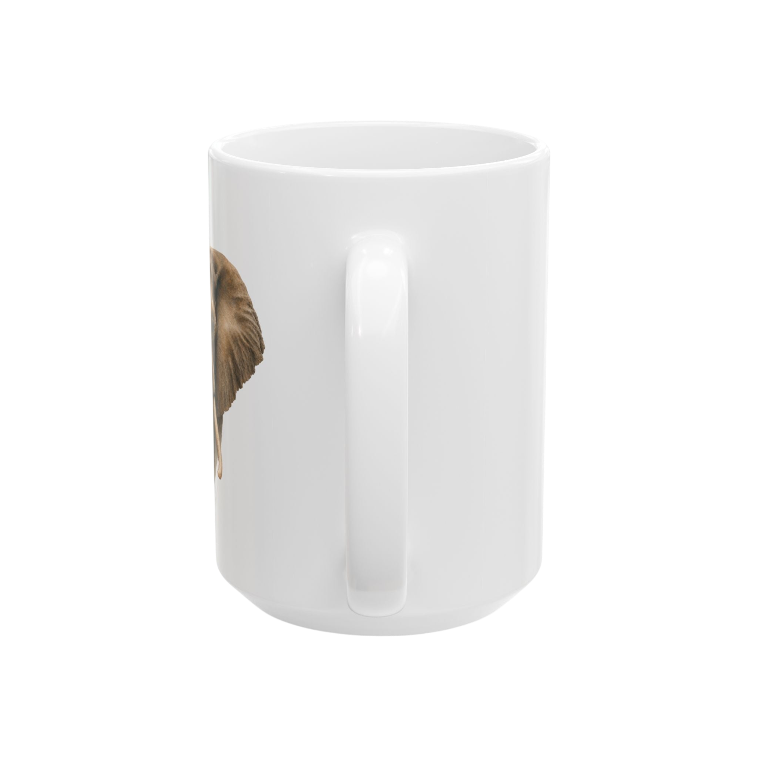 A white ceramic mug with a handle, featuring a partial graphic print of a brown lion on the side, shown against a plain white background.
