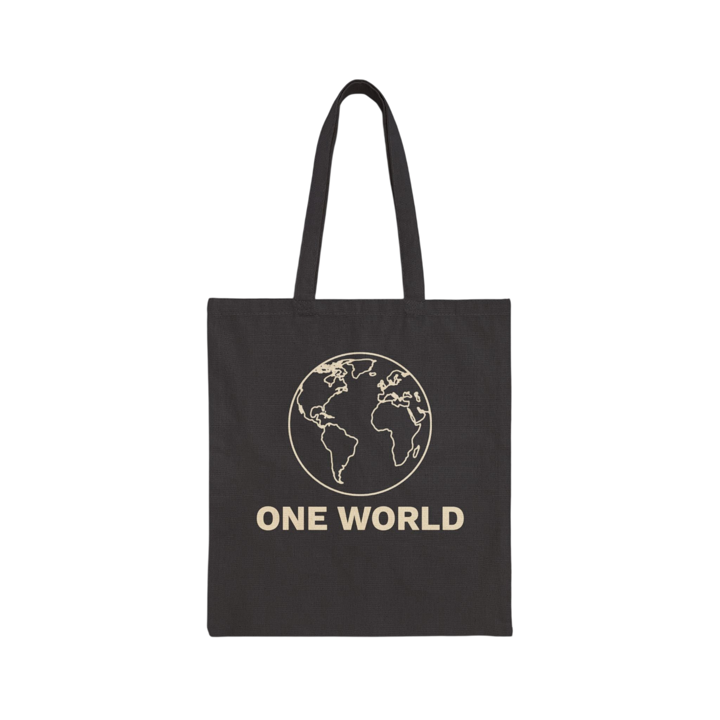 A black canvas tote bag with two handles, featuring a gold outline graphic of the Earth and the text 'ONE WORLD' printed below it, shown against a plain white background.