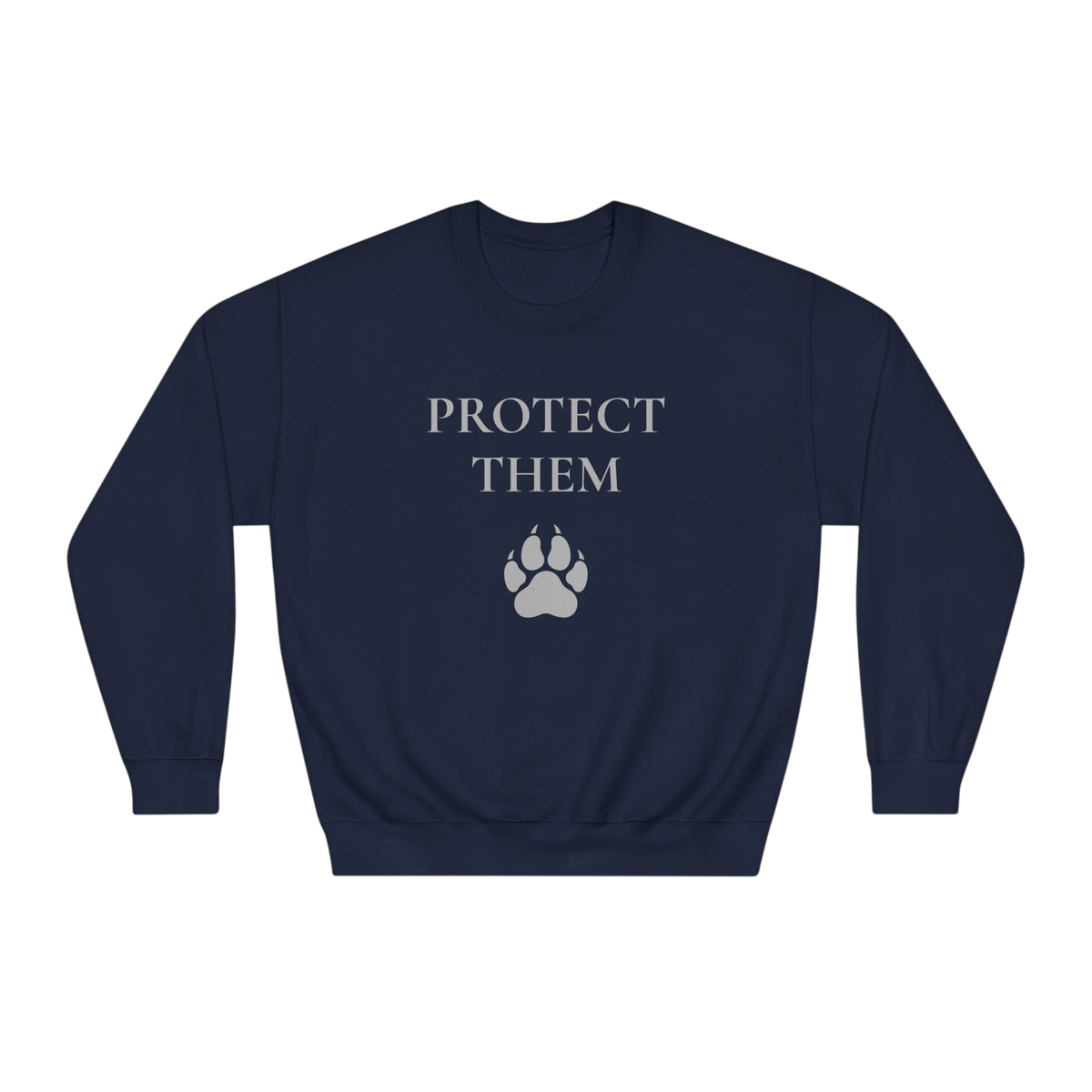 A navy blue crewneck sweatshirt with the words 'PROTECT THEM' in a light gray serif font above a matching gray paw print graphic, displayed on a solid white background.