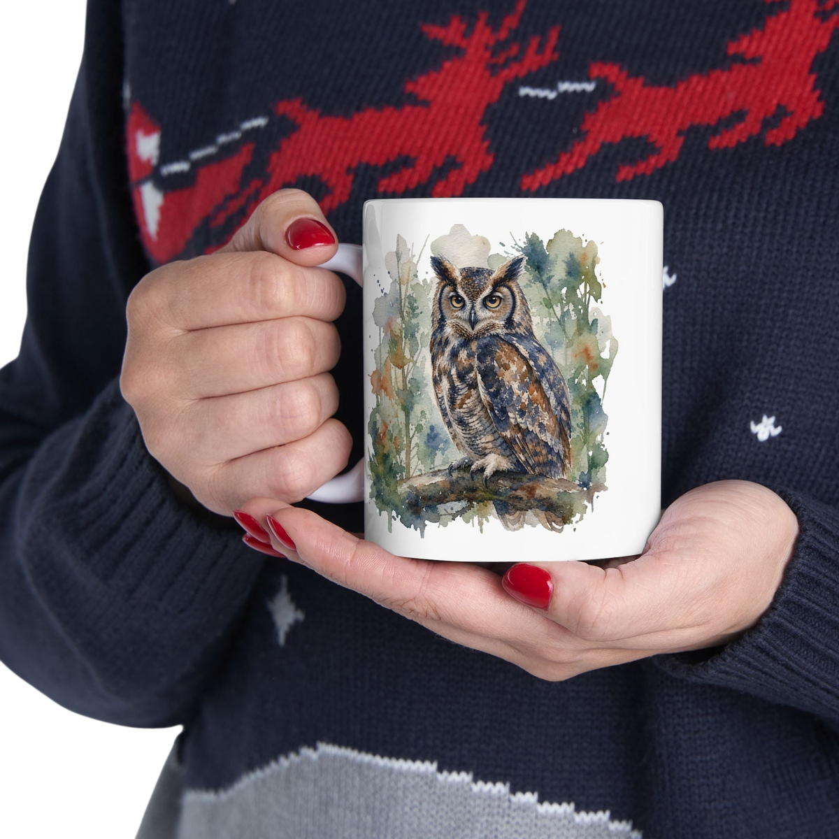 Watercolor Owl Ceramic Mug — Nature-Inspired Coffee Cup 11oz,