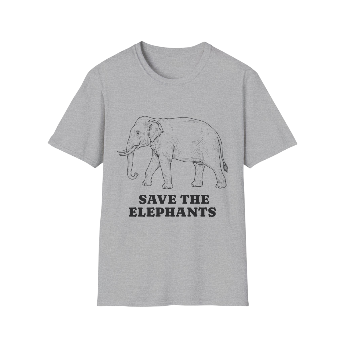 A light gray heather crewneck t-shirt featuring a black line art illustration of an elephant and the text 'SAVE THE ELEPHANTS' printed on the front.