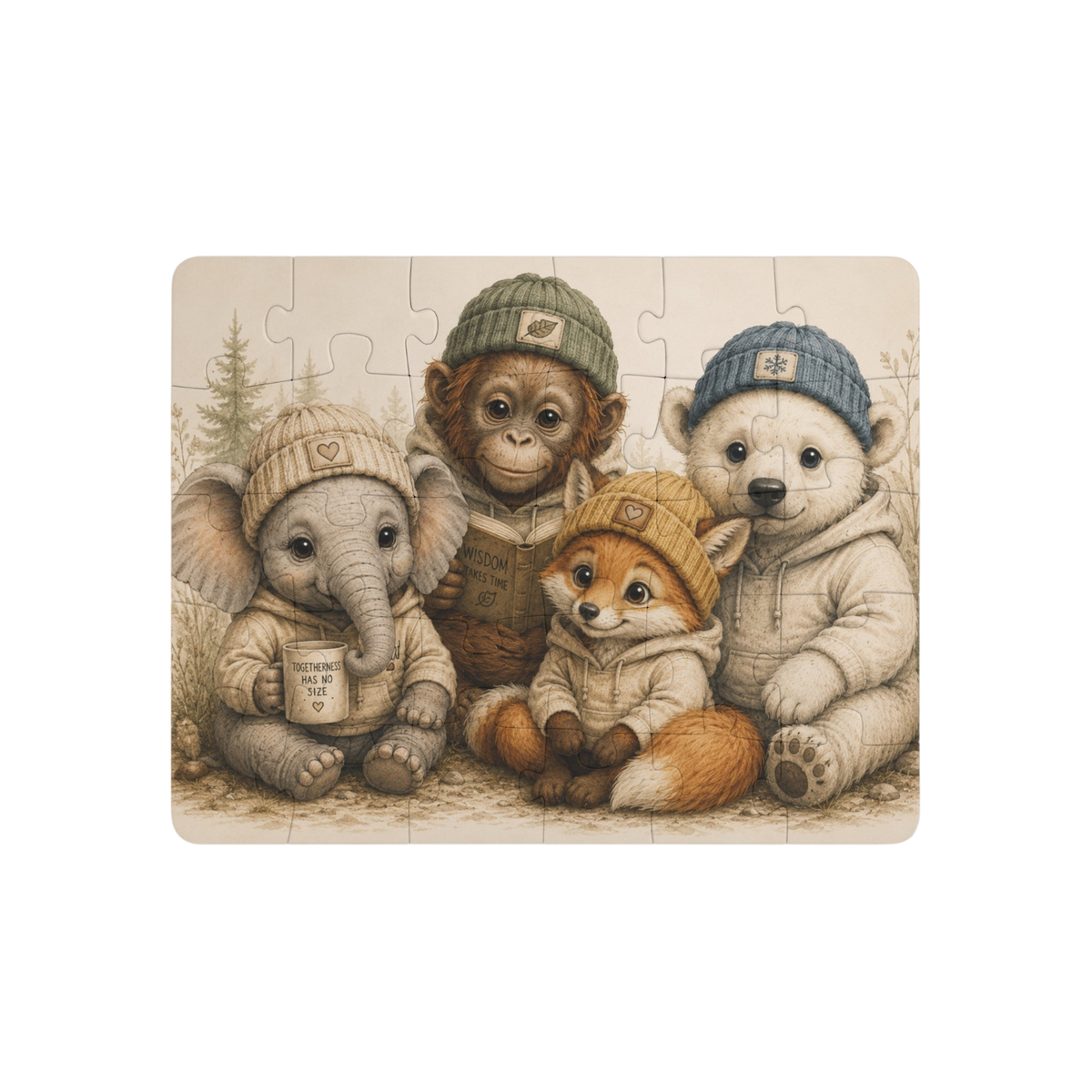 A completed jigsaw puzzle featuring four cute animals wearing winter hats and jackets: an elephant, a monkey, a fox, and a polar bear, shown on a plain white background.