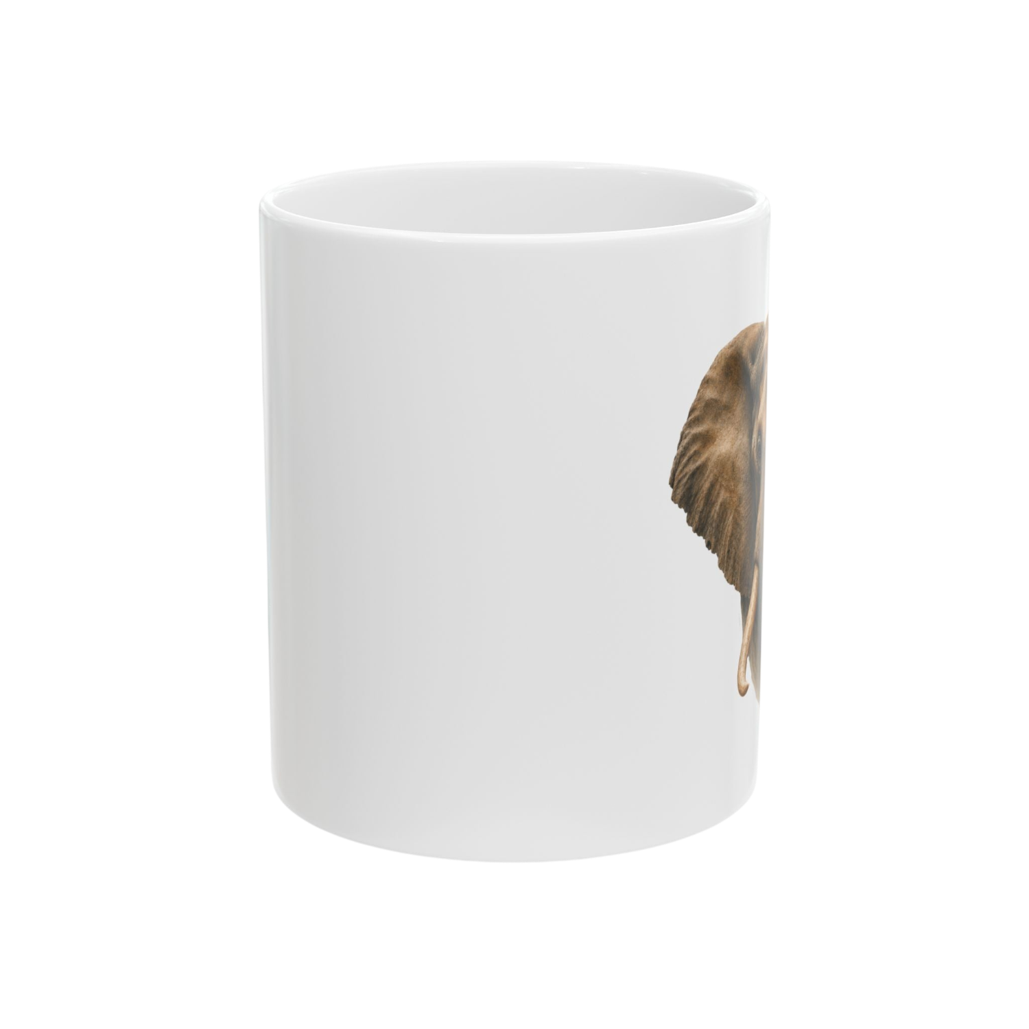 A white ceramic mug featuring a partial graphic print of an elephant ear in brown tones on the right side, set against a plain white background.