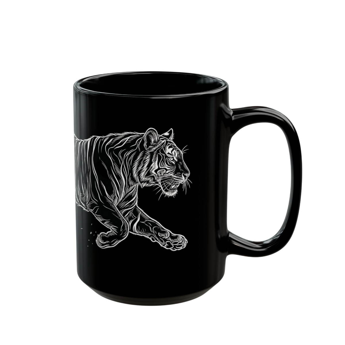 A glossy black ceramic mug featuring a detailed white line art illustration of a tiger in profile, shown against a plain white background.