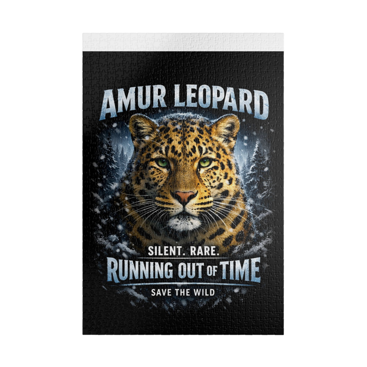A rectangular canvas print featuring an illustration of an amur leopard in a snowy forest, with text reading 'AMUR LEOPARD', 'SILENT. RARE.