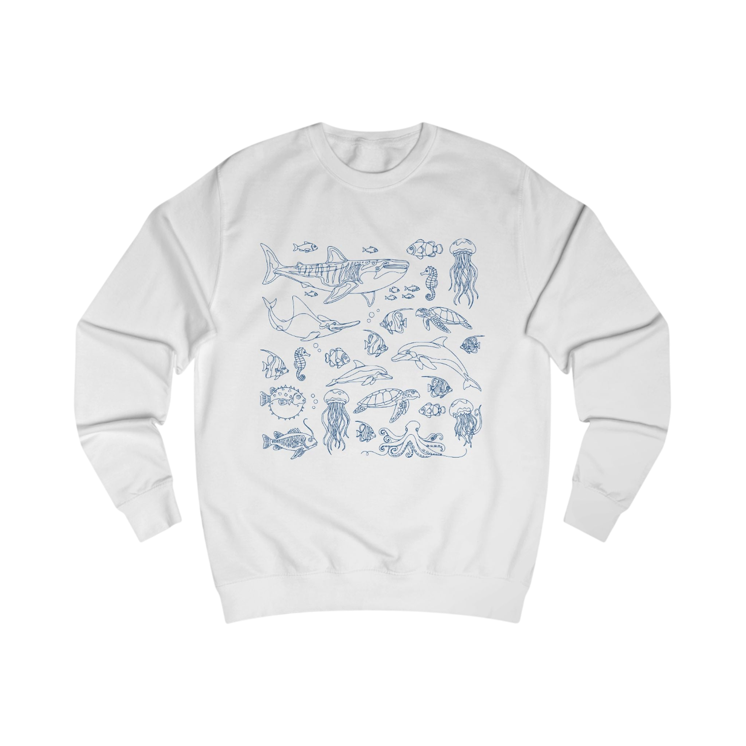 A white crewneck sweatshirt featuring a blue line art graphic of various marine life creatures, including a shark, dolphins, jellyfish, and fish, arranged in a grid pattern on the front.