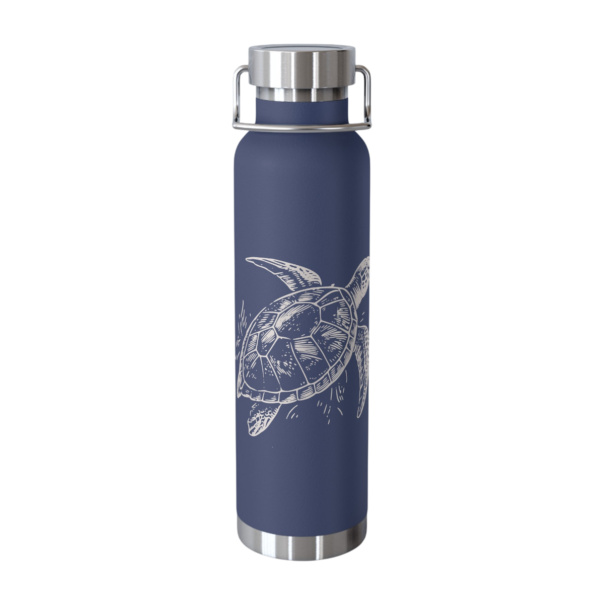 A navy blue insulated water bottle with a white sea turtle illustration on the front, featuring a stainless steel lid with a carrying loop and a silver base, shown on a plain white background.