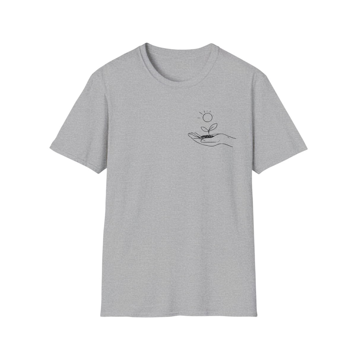 A light gray short-sleeve crewneck t-shirt with a small black line art graphic on the left chest showing a hand holding a sprout under a sun.