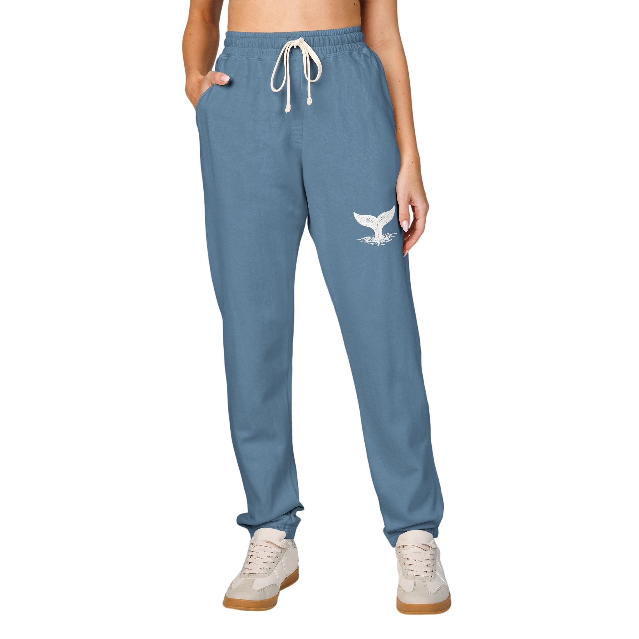 Fleece Sweatpants with EmbroideredWhale Tail Pocket Print — Cozy Garment-Dyed Joggers