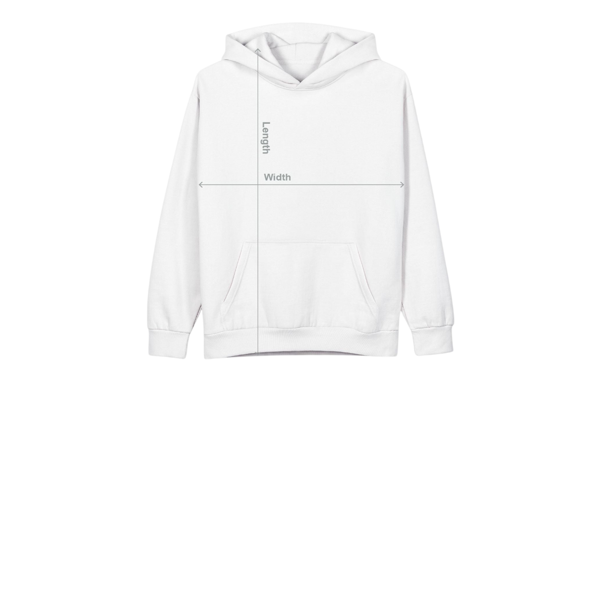 A white pullover hoodie centered on a plain white background, with thin measurement arrows and the words 'Length' and 'Width' overlaid to indicate dimensions.