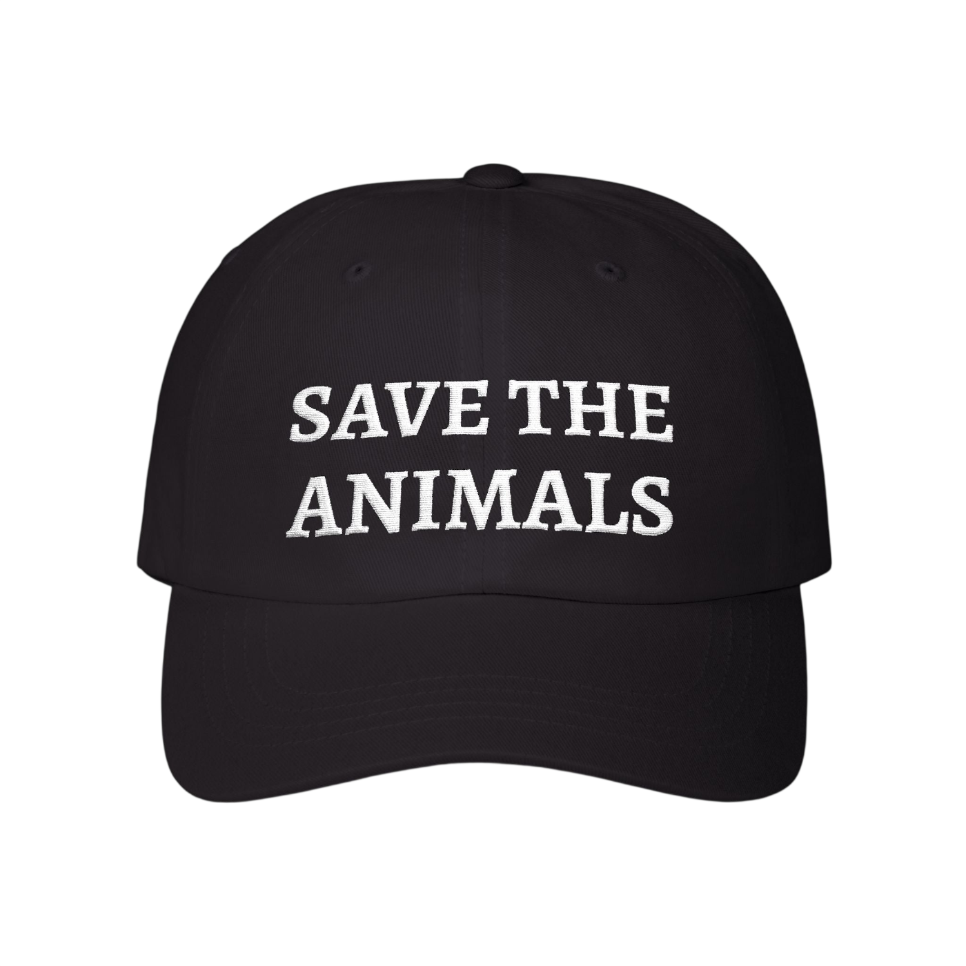 A black baseball cap with 'SAVE THE ANIMALS' embroidered in white capital letters on the front, shown against a plain white background.