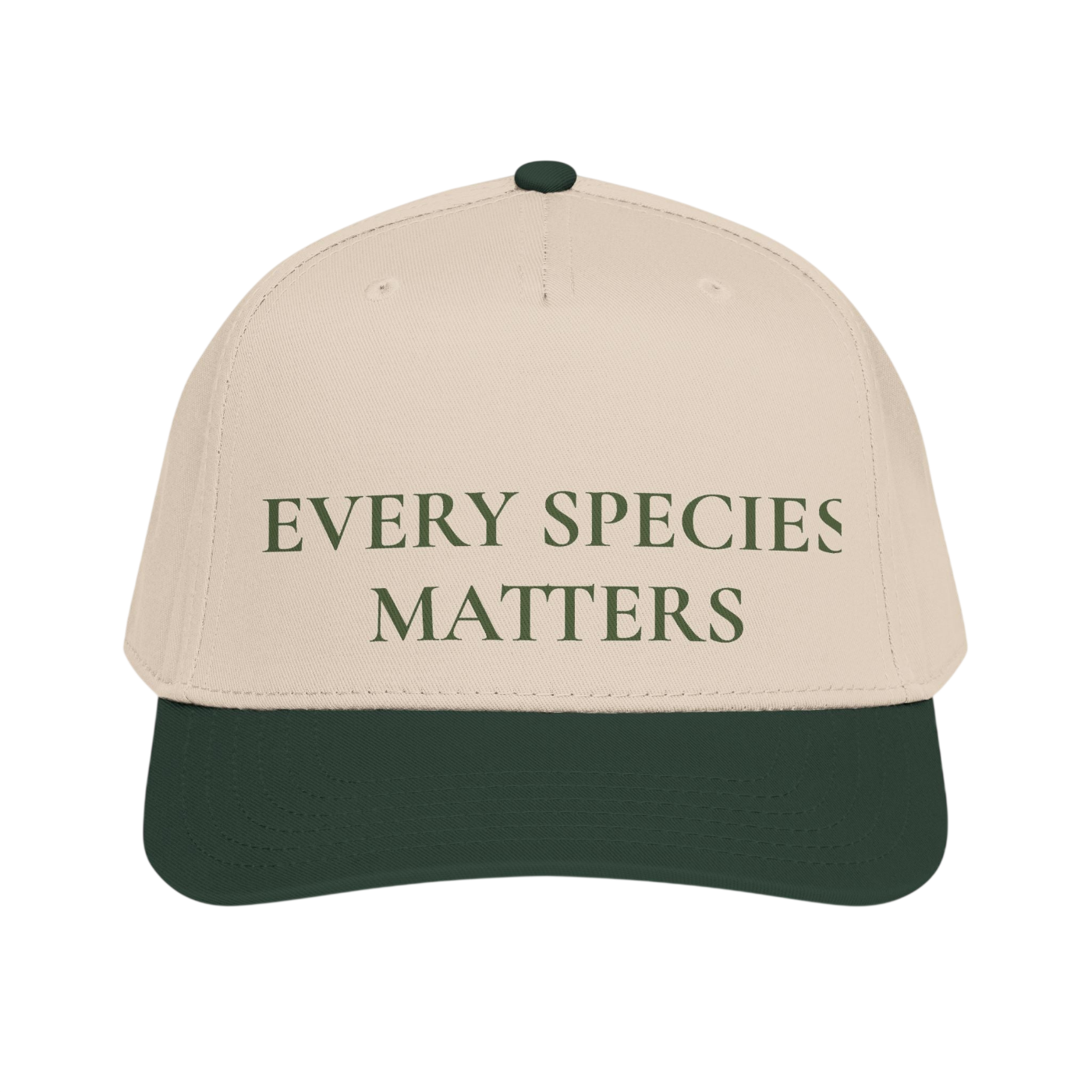 A two-tone baseball cap with a beige crown and a dark green brim, featuring the embroidered text 'EVERY SPECIES MATTERS' in dark green on the front. The cap is shown against a plain white background.