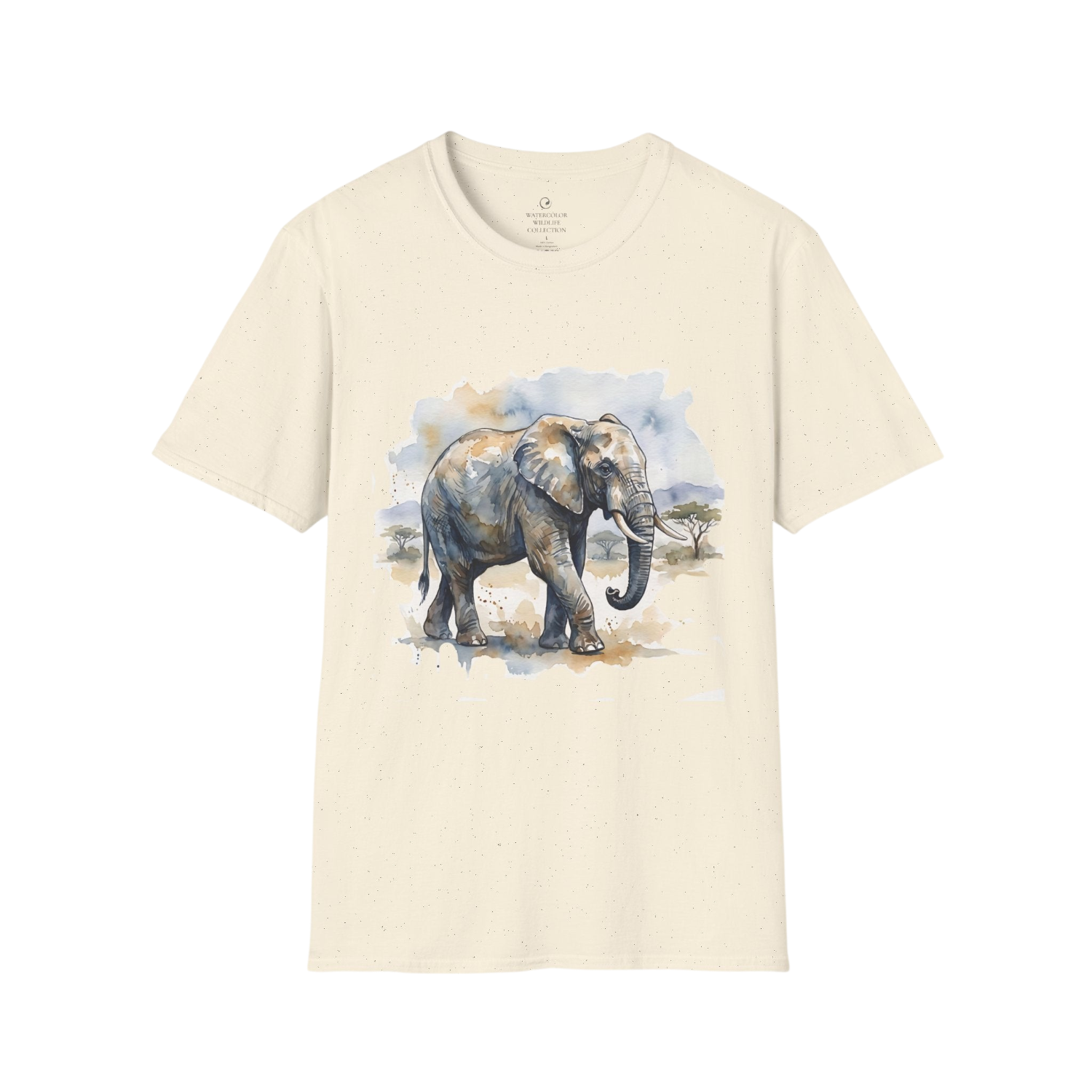 An off-white crewneck t-shirt featuring a watercolor-style graphic of an elephant walking against a light blue and beige background.