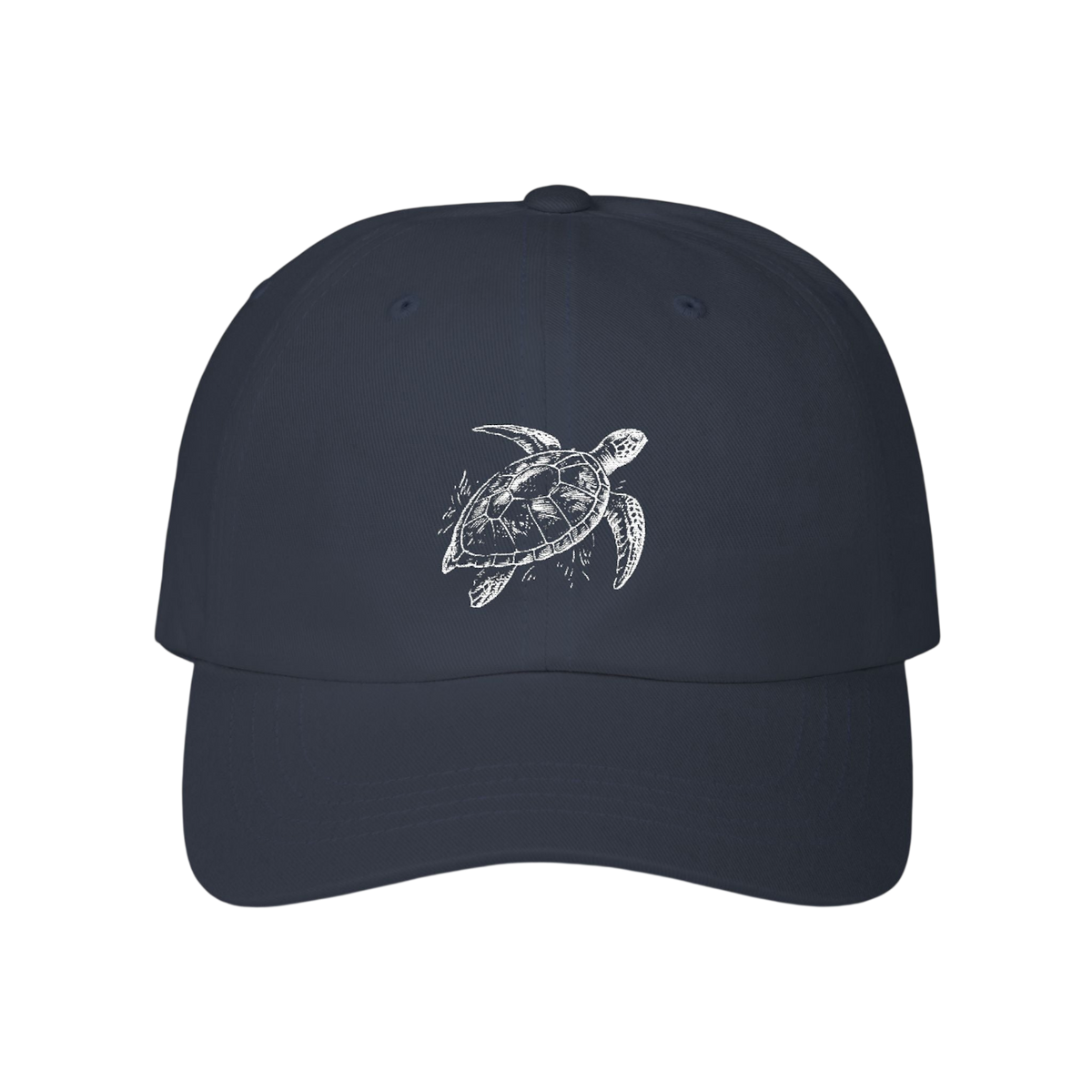 A dark navy blue baseball cap featuring a white line art illustration of a sea turtle on the front, set against a plain white background.