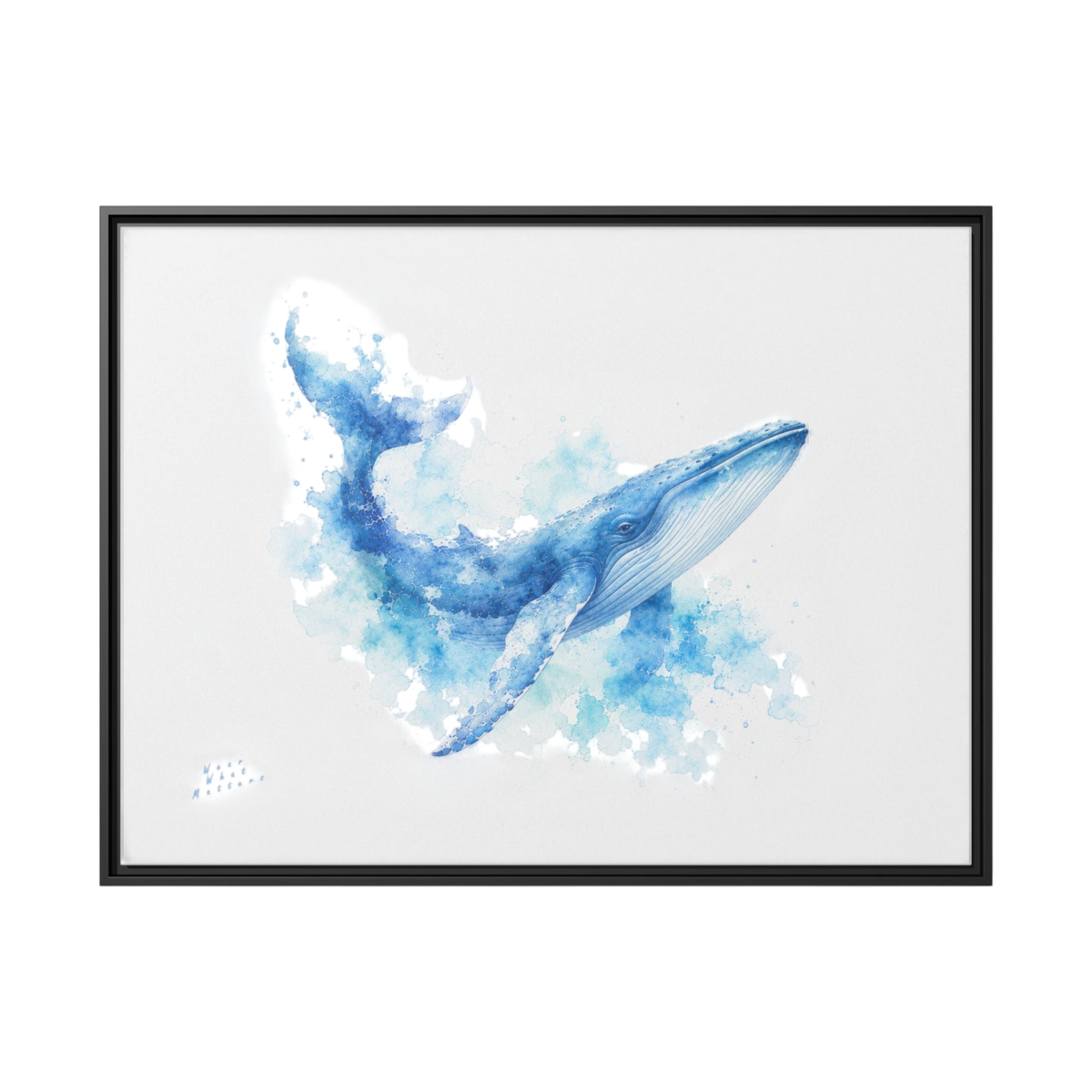 A framed watercolor art print featuring a blue whale swimming through white and light blue splashes, enclosed in a thin black frame against a white background.