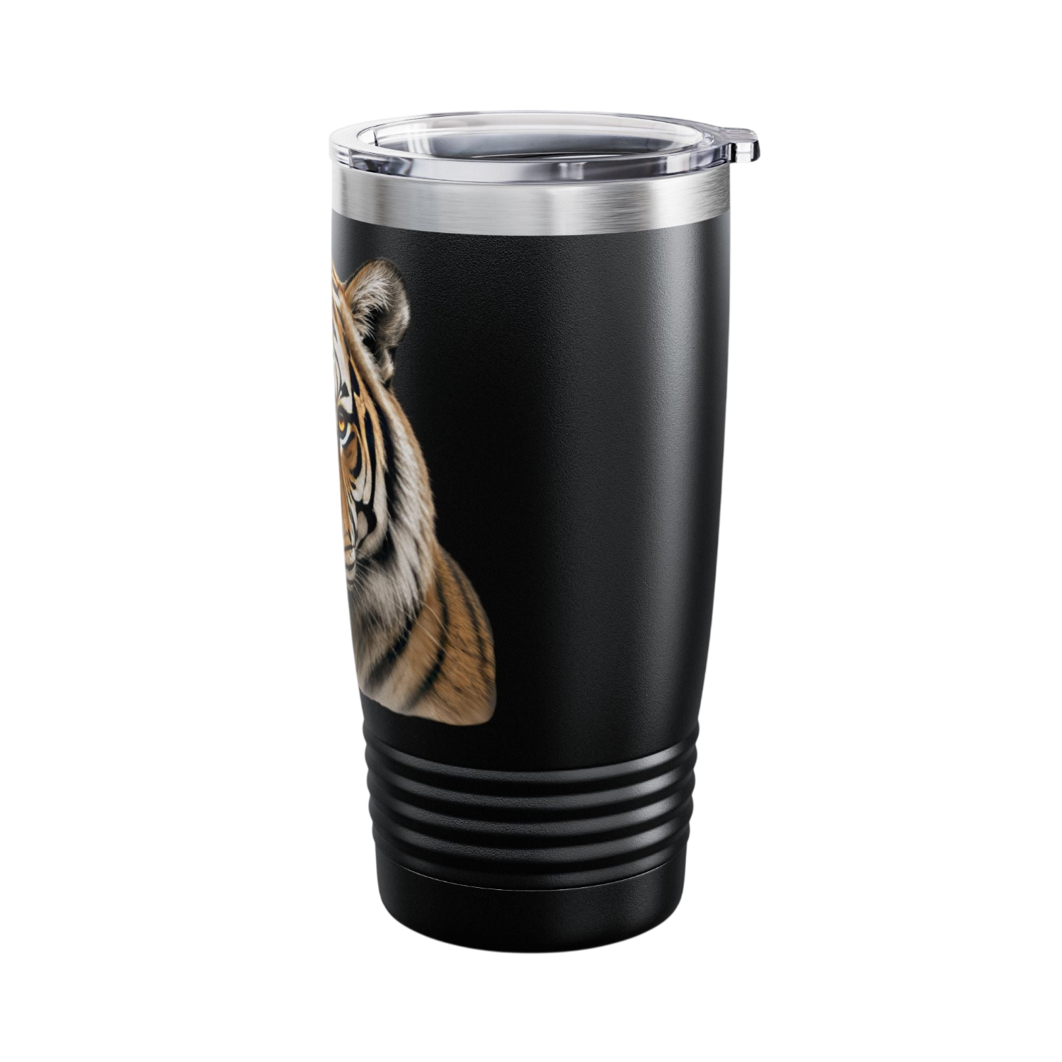 A black insulated travel tumbler with a clear lid, featuring a realistic tiger face graphic printed on the side, set against a plain white background.