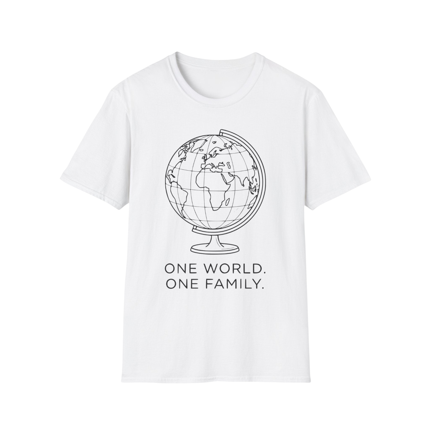 A white short-sleeve crewneck t-shirt featuring a black line art graphic of a globe and the text 'ONE WORLD. ONE FAMILY.