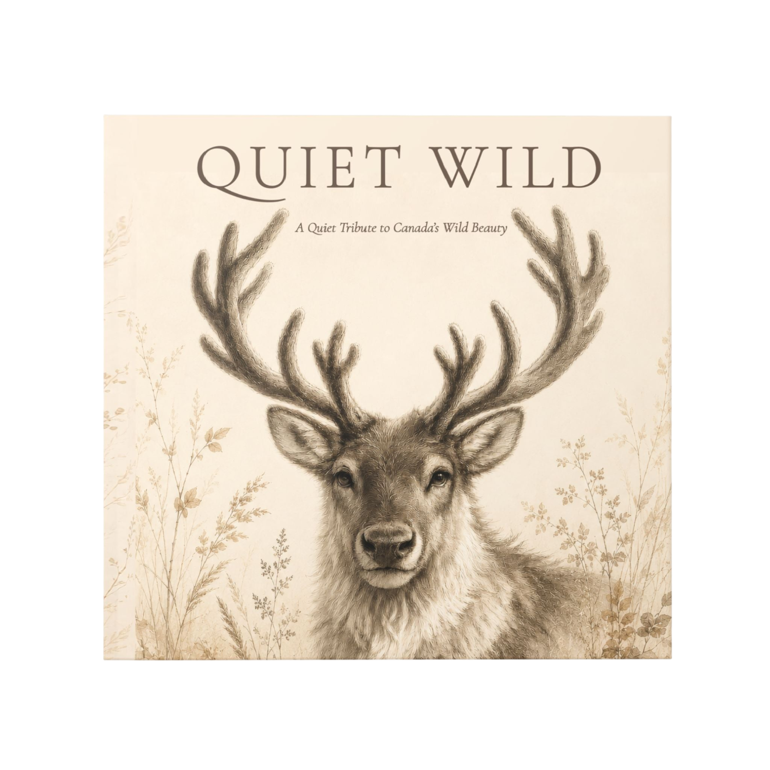 Square product cover featuring a detailed sepia illustration of a deer with large antlers, surrounded by delicate botanical line drawings. The text at the top reads 'QUIET WILD' with smaller subtitle text below, set against a warm cream background.