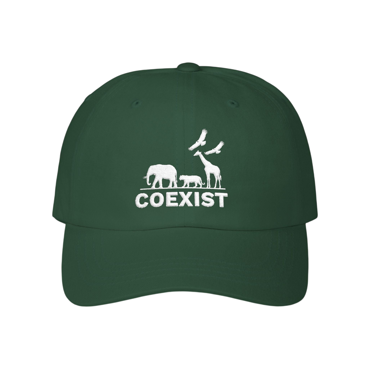 A dark green baseball cap with a white graphic print on the front showing an elephant, giraffe, and bird above the word 'COEXIST'.