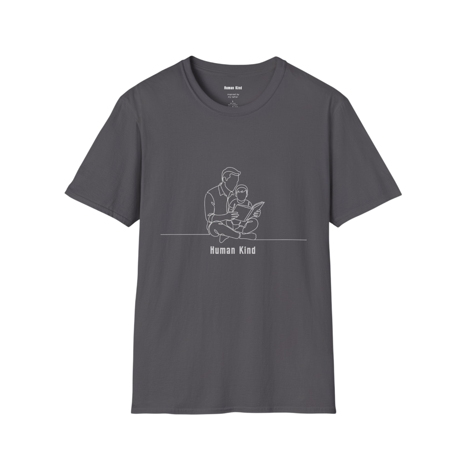 A dark gray crewneck t-shirt with a white line art graphic of a parent reading to a child, with the text 'Human Kind' printed below, shown on a plain white background.