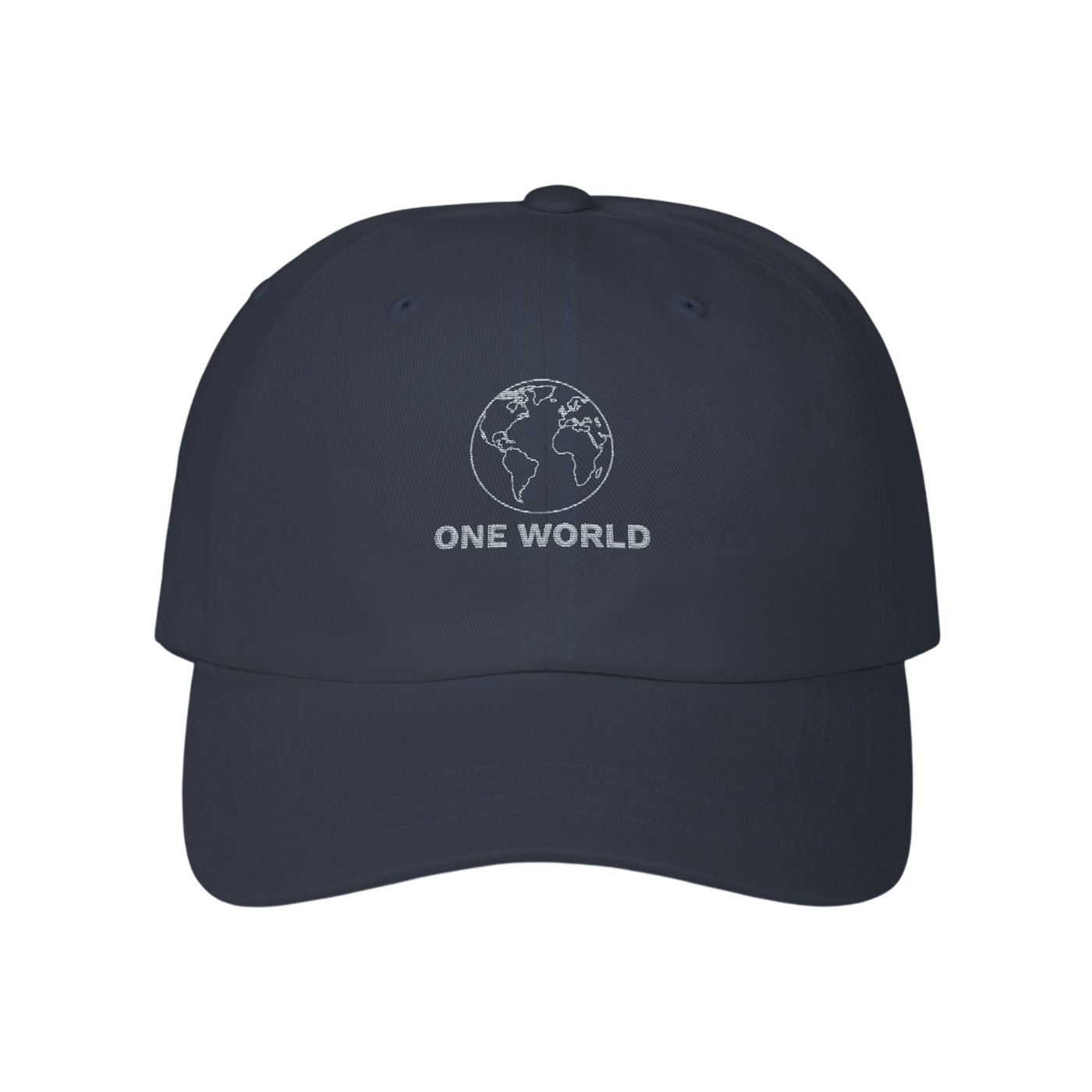 A dark navy blue baseball cap with a white embroidered globe graphic and the text 'ONE WORLD' on the front, shown against a plain white background.