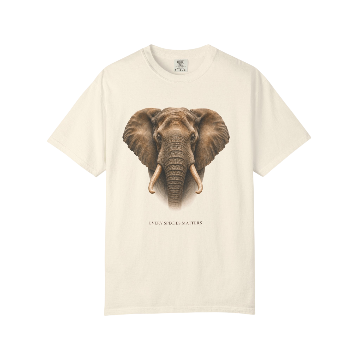 An off-white short-sleeve crewneck t-shirt featuring a detailed graphic print of an African elephant's head with its tusks, and the text 'EVERY SPECIES MATTERS' printed below.