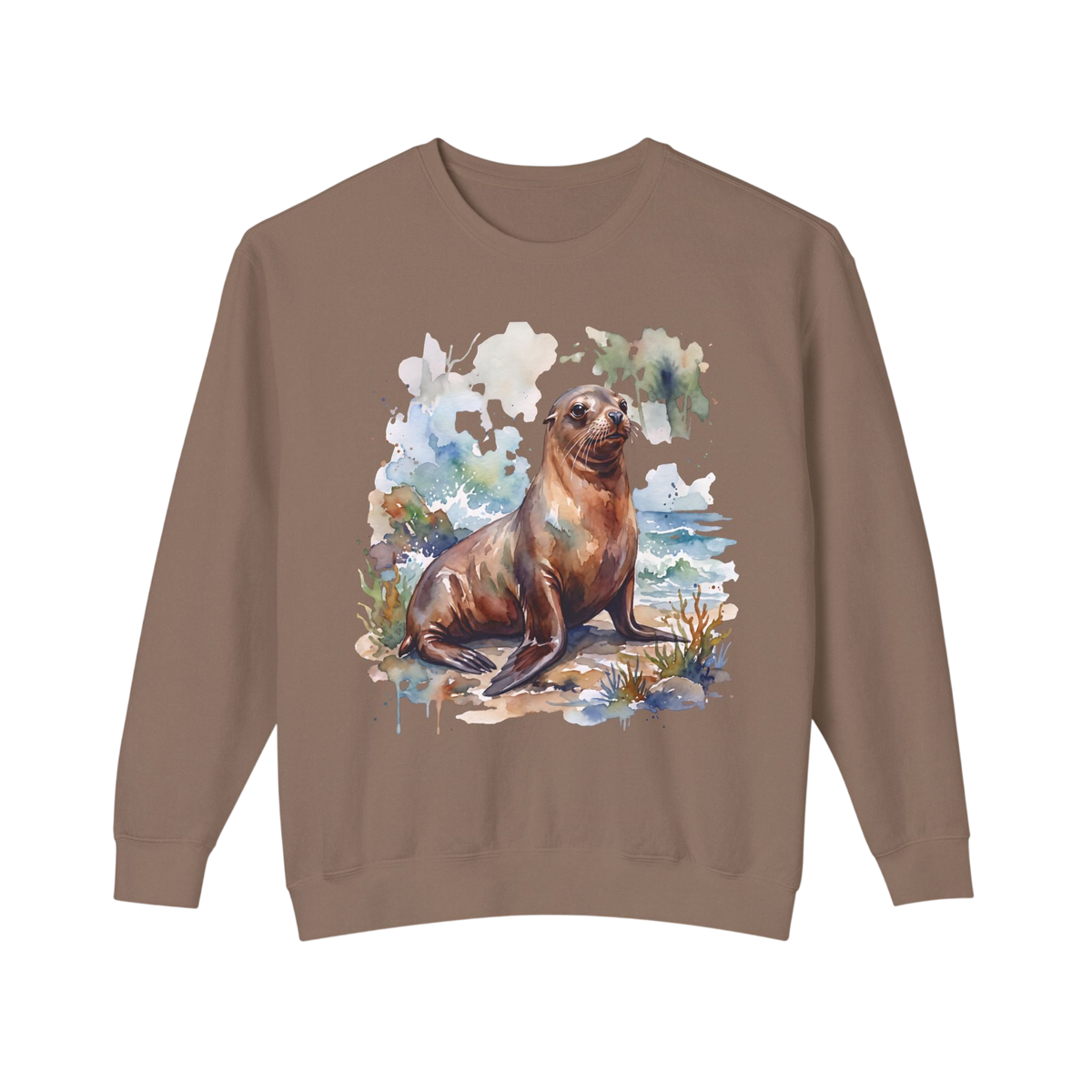 Sea Lion Watercolor Crewneck Sweatshirt — Espresso Coastal Animal Lover Pullover