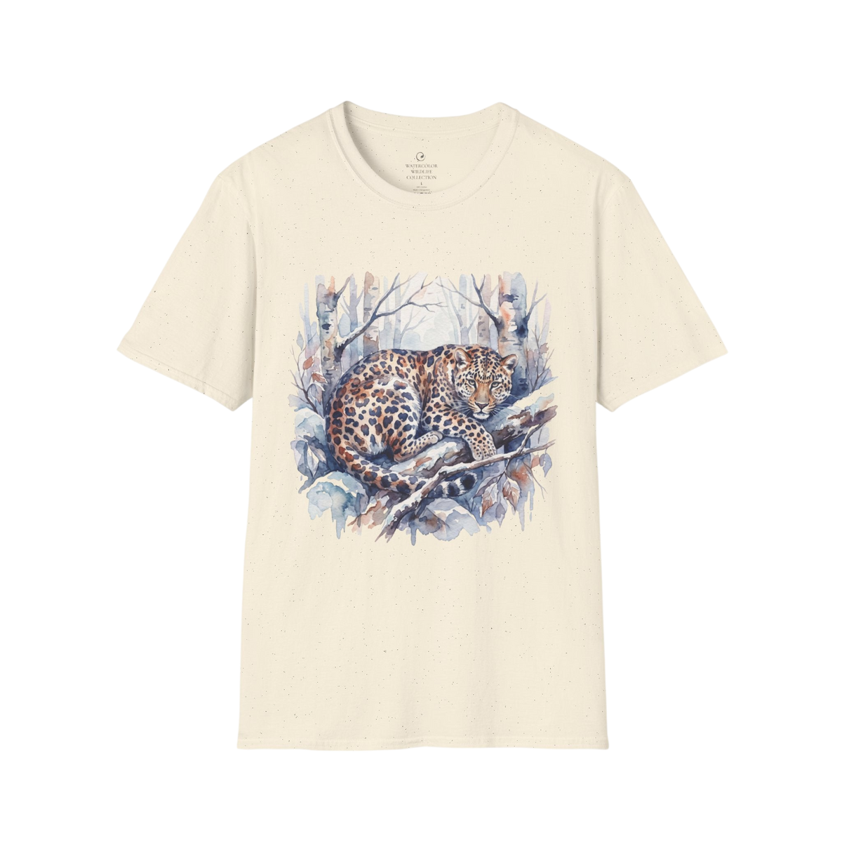 An off-white short-sleeve crewneck t-shirt featuring a watercolor graphic of a leopard resting on snowy branches.