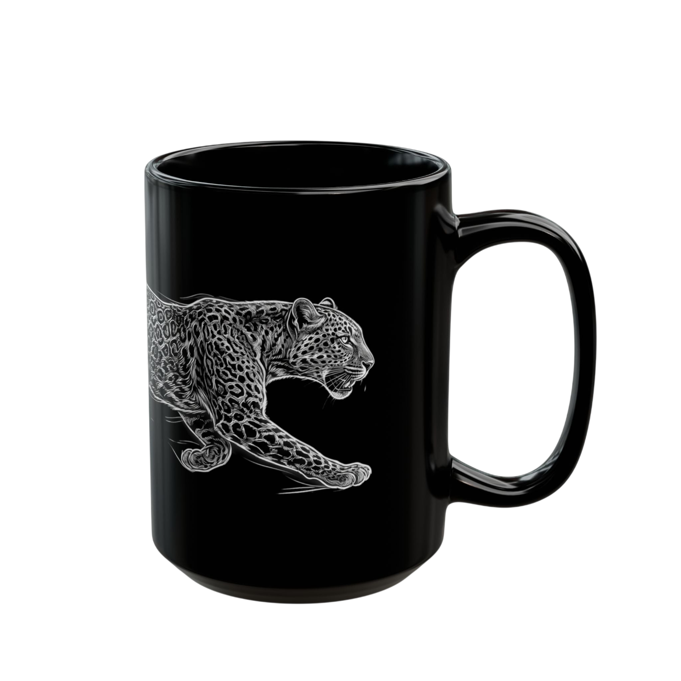 A glossy black ceramic mug featuring a detailed white line art illustration of a leopard in profile, shown against a plain white background.