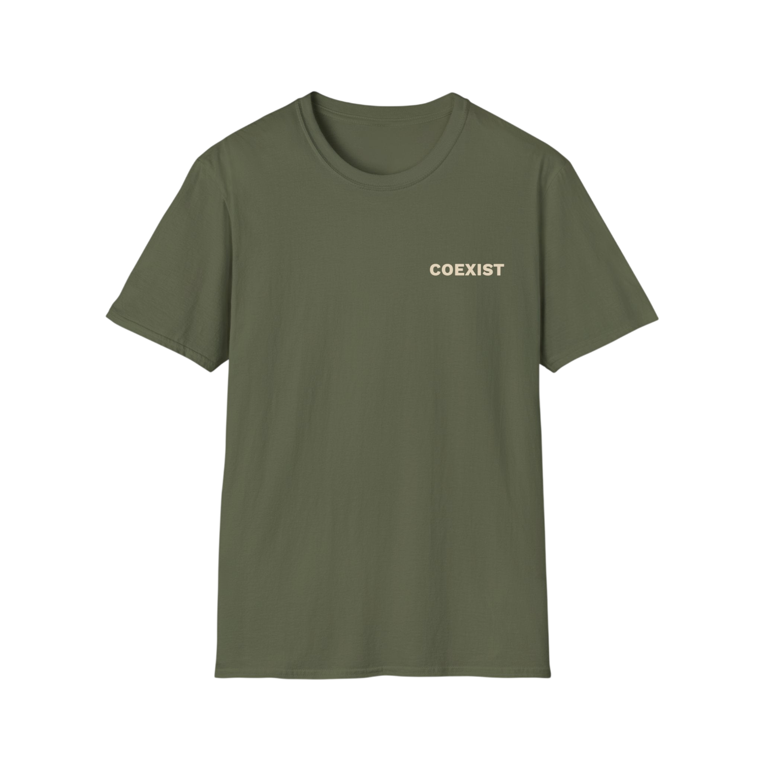 An olive green short-sleeve crewneck t-shirt with the word 'COEXIST' printed in a light beige font on the left chest, displayed against a solid white background.