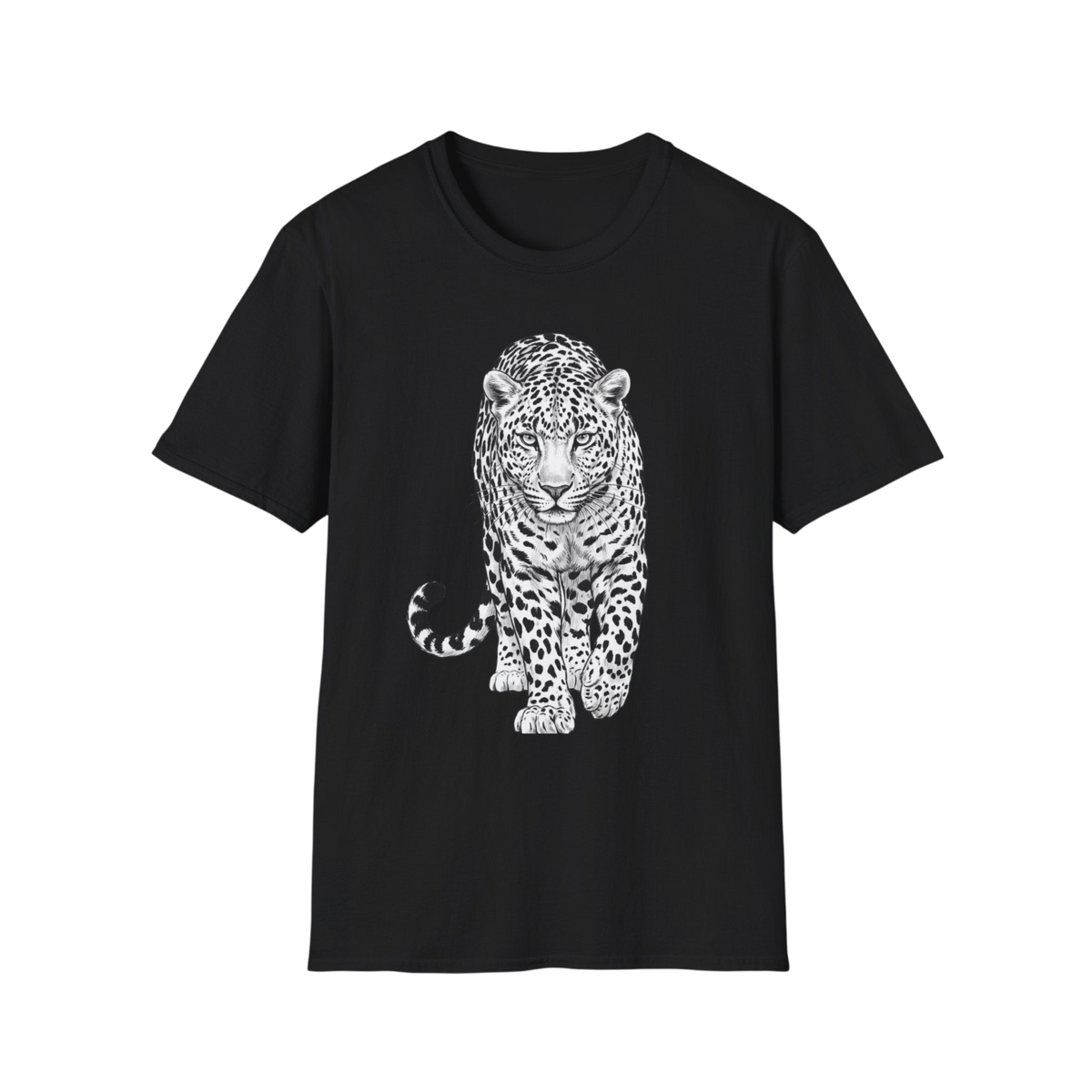 A black short-sleeve crewneck t-shirt featuring a detailed white and gray graphic print of a leopard on the front, displayed against a solid white background.
