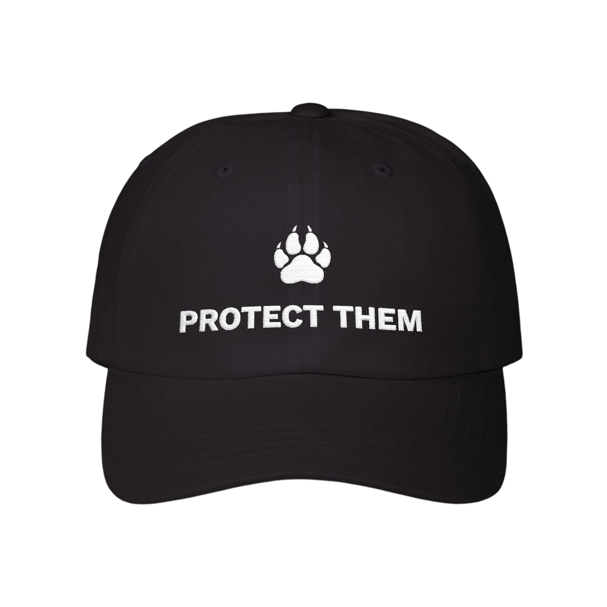 A black baseball cap with a white paw print graphic and the text 'PROTECT THEM' printed on the front, set against a plain white background.