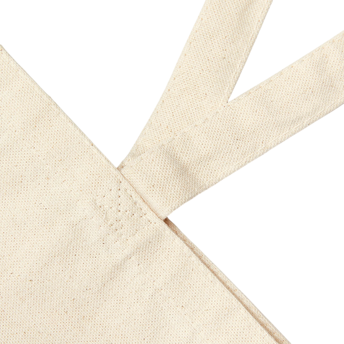 Close-up detail of a natural canvas tote bag showing the woven fabric texture and double strap construction against a white background.
