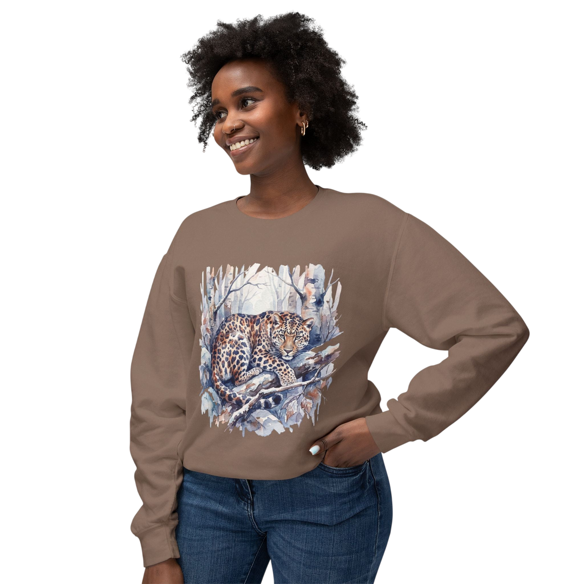 Leopard in Snow Crewneck Sweatshirt — Watercolor Snowy Leopard Graphic