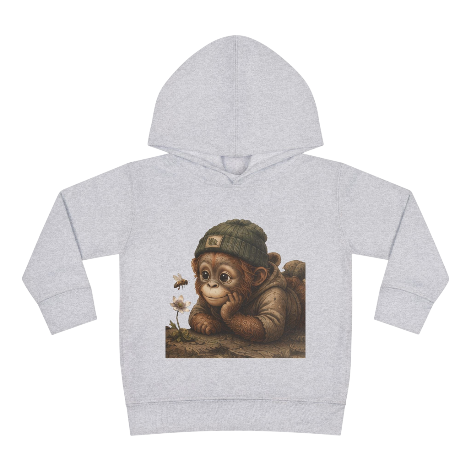A light heather gray pullover hoodie featuring a printed graphic of a cute, sleepy baby monkey wearing a green beanie and resting on a log, shown against a plain white background.