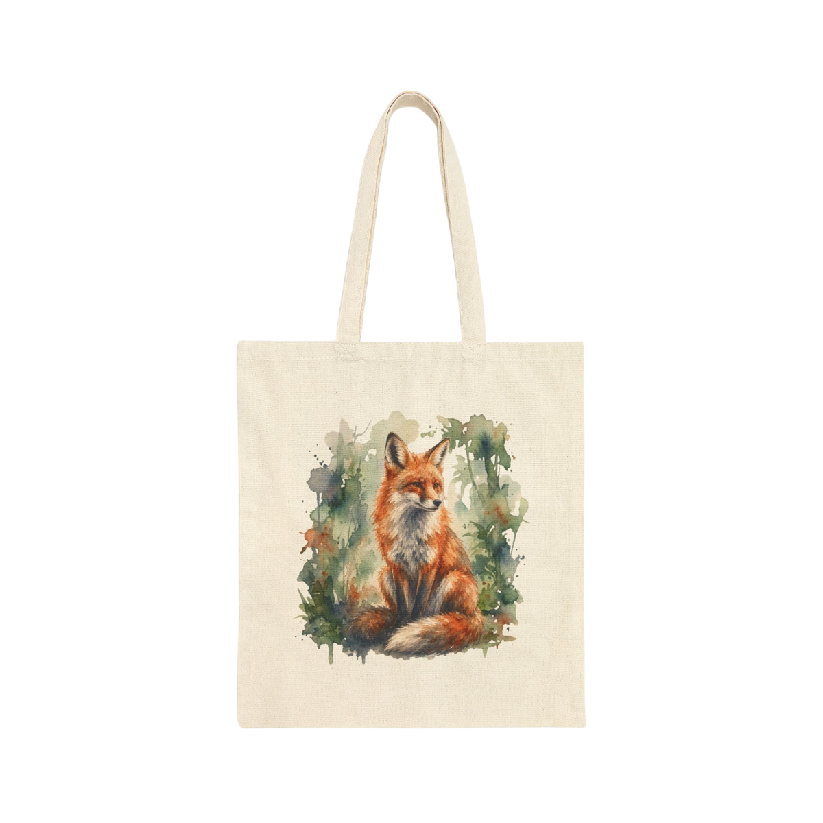 A cream-colored canvas tote bag with long handles, featuring a watercolor-style illustration of an orange fox sitting among green and brown foliage on the front, set against a plain white background.
