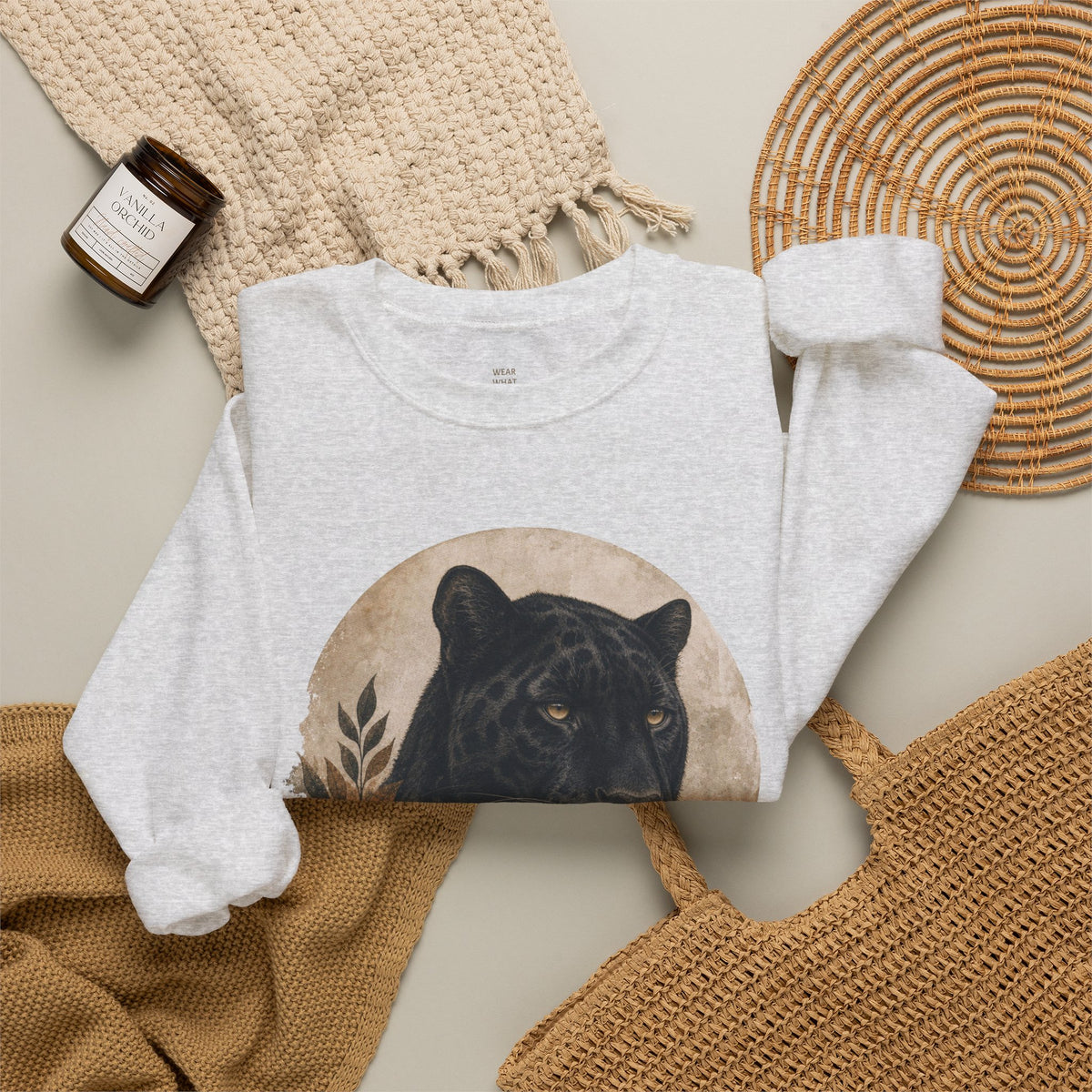 Black Panther Big Cat Crewneck Sweatshirt — Nature Graphic in Gray