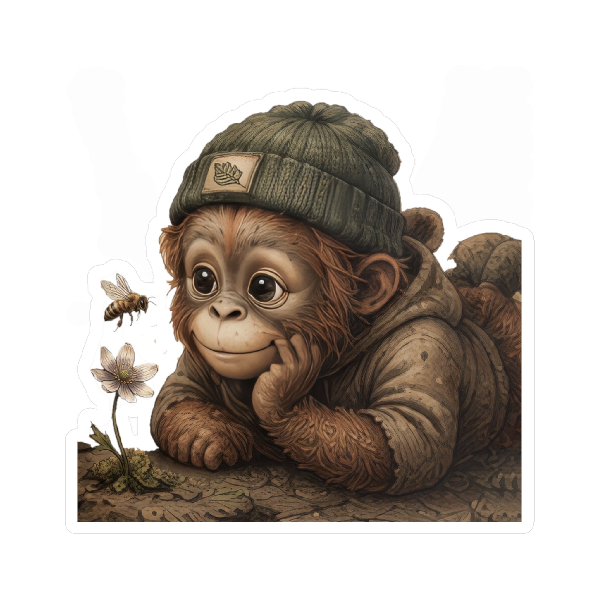 Cute Chimp in Beanie Vinyl Sticker — Kiss-Cut Laptop Decal