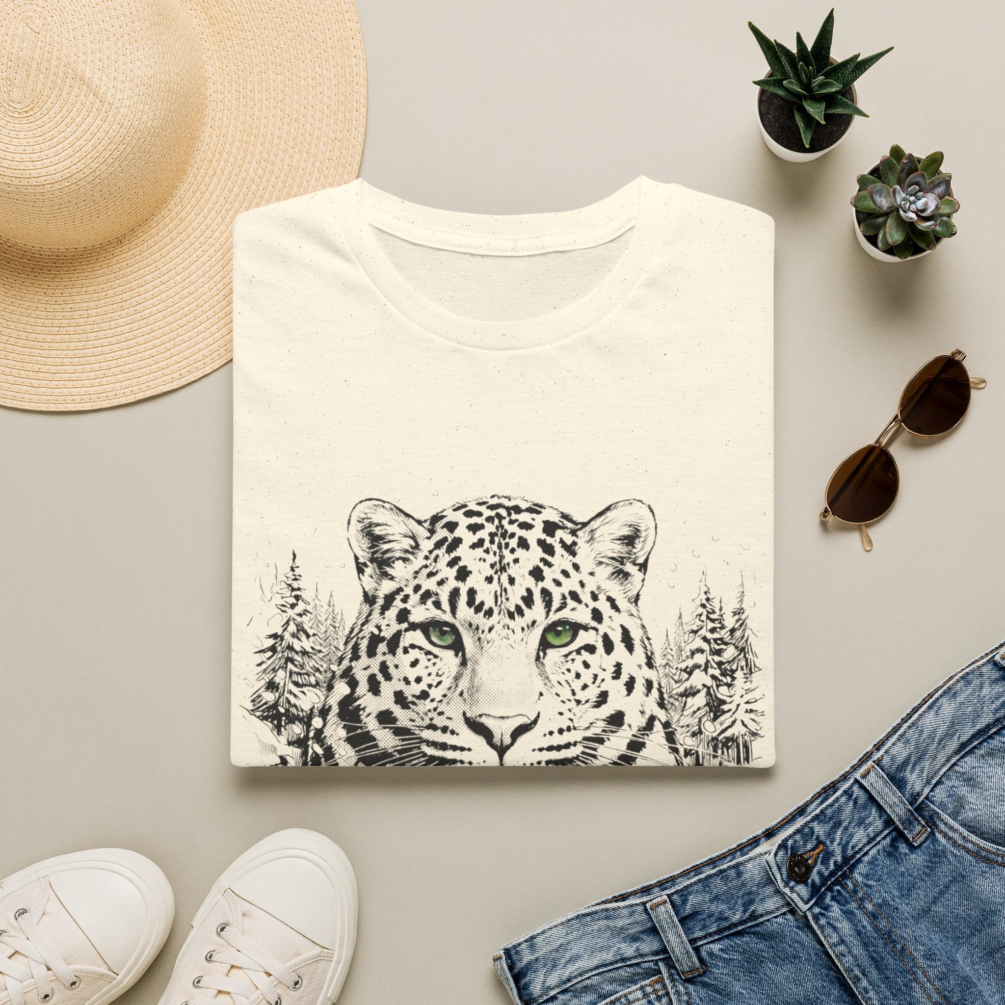 Leopard Portrait T-Shirt — Striking Green-Eyed Big Cat Graphic Tee