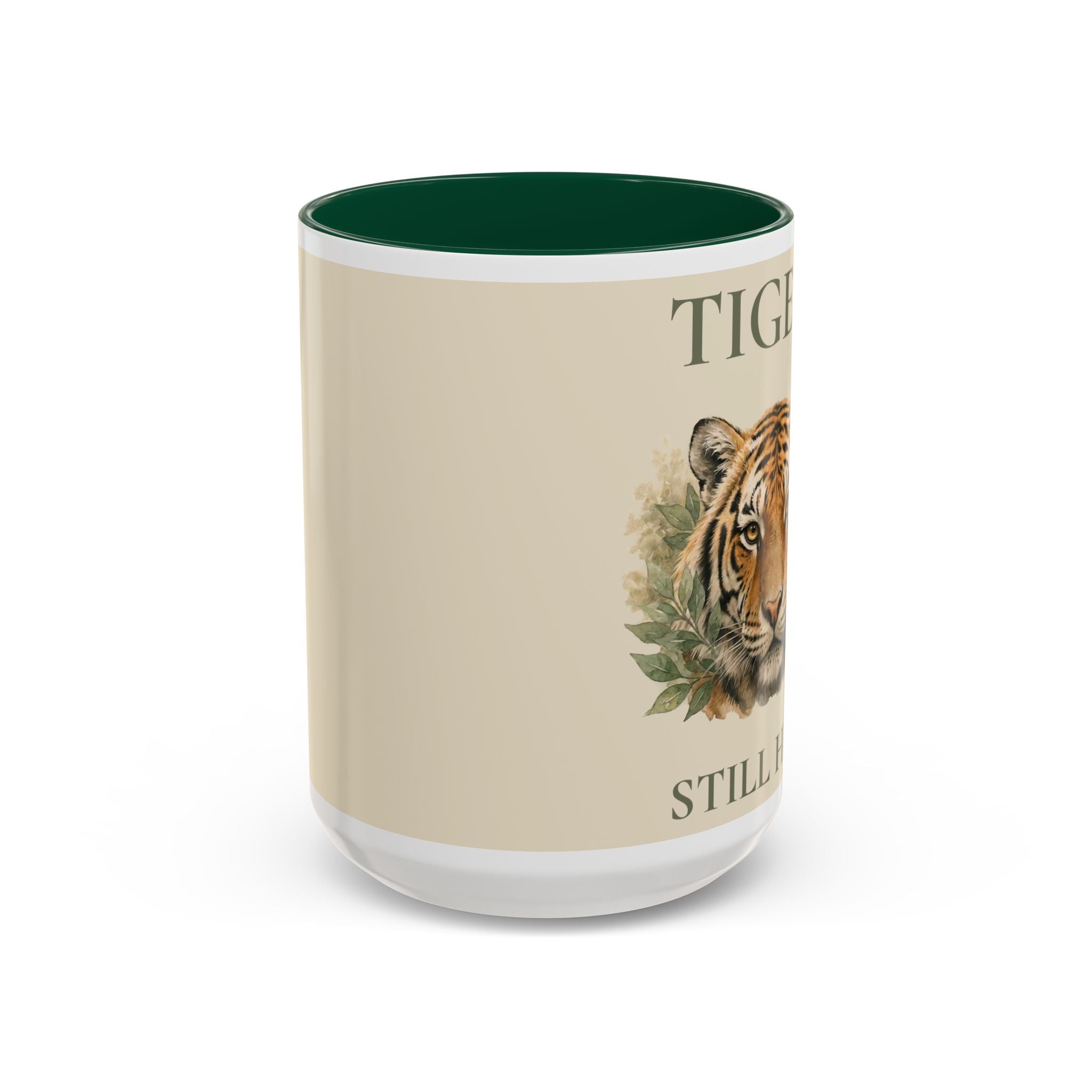 Tiger Portrait Two-Tone Accent Mug — "Tigers Still Exist" Conservation Coffee Cup