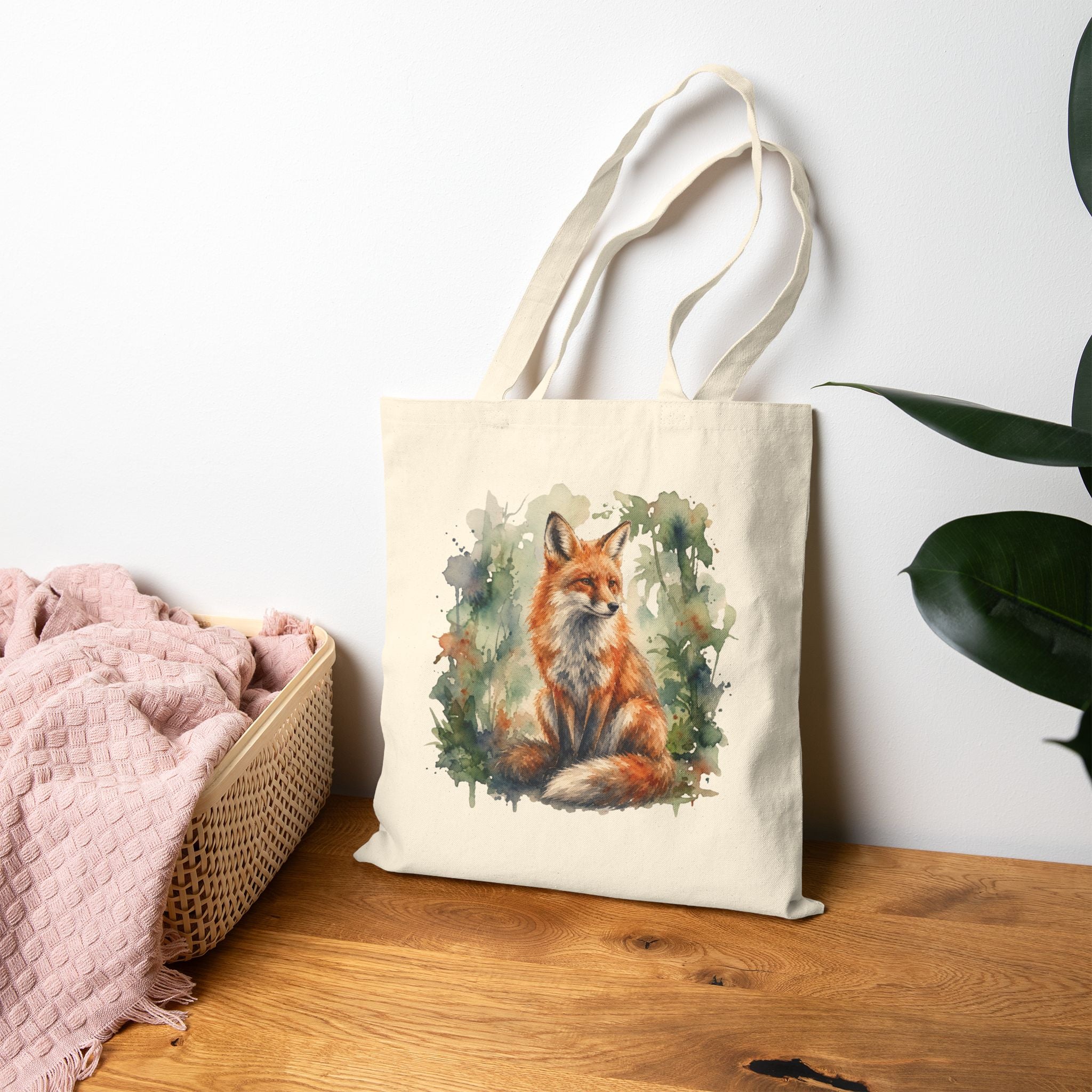 Fox Watercolor Canvas Tote Bag — Nature-Inspired Reusable Market Bag